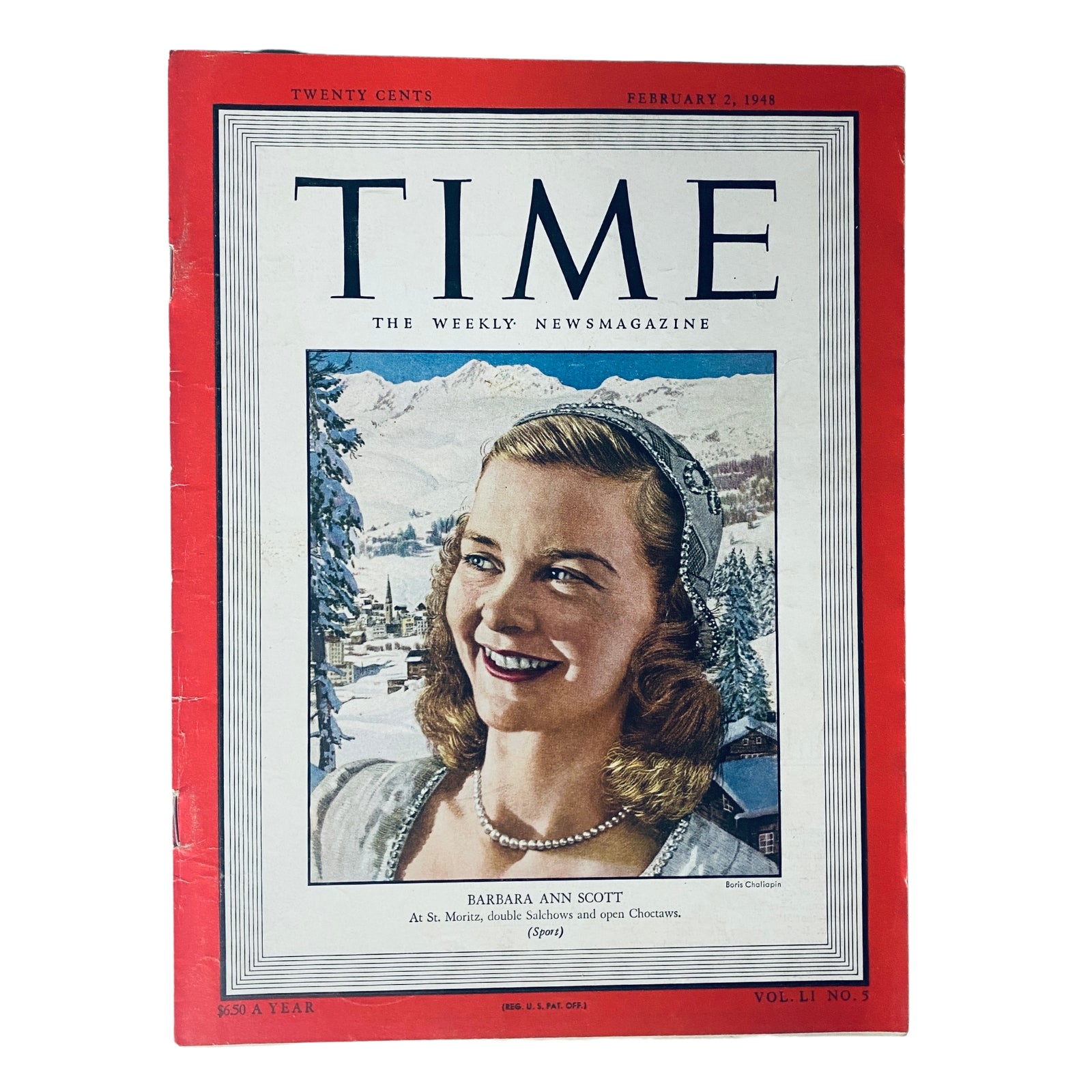 Time Magazine February 2, 1948 Vol 51 No 5 featuring Barbara Ann Scott on the cover, showcasing her smiling with a snowy mountain backdrop and elegant attire.