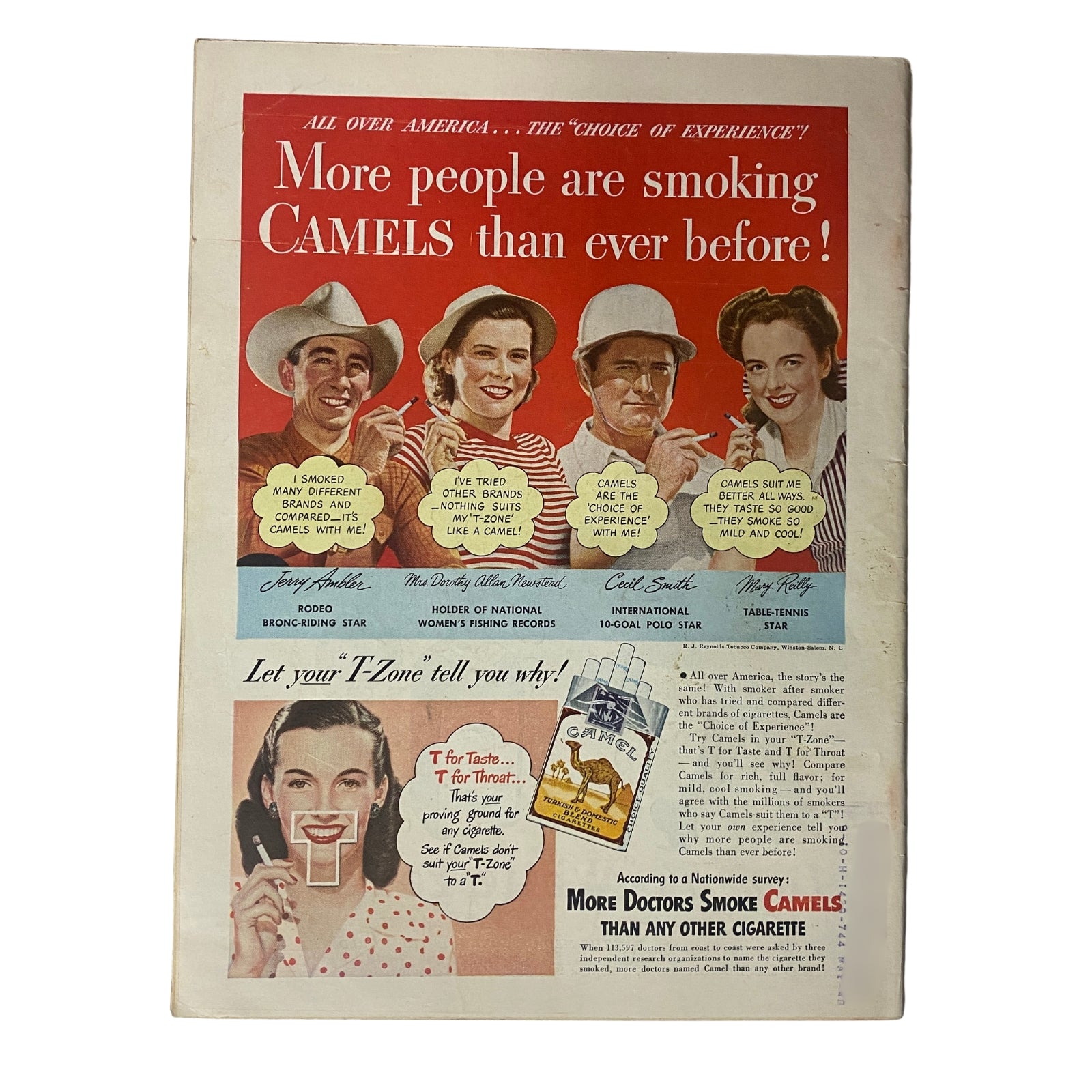 Back cover of Time Magazine February 2, 1948 Vol 51 No 5 featuring a vintage Camel cigarette advertisement with various endorsers promoting the brand.