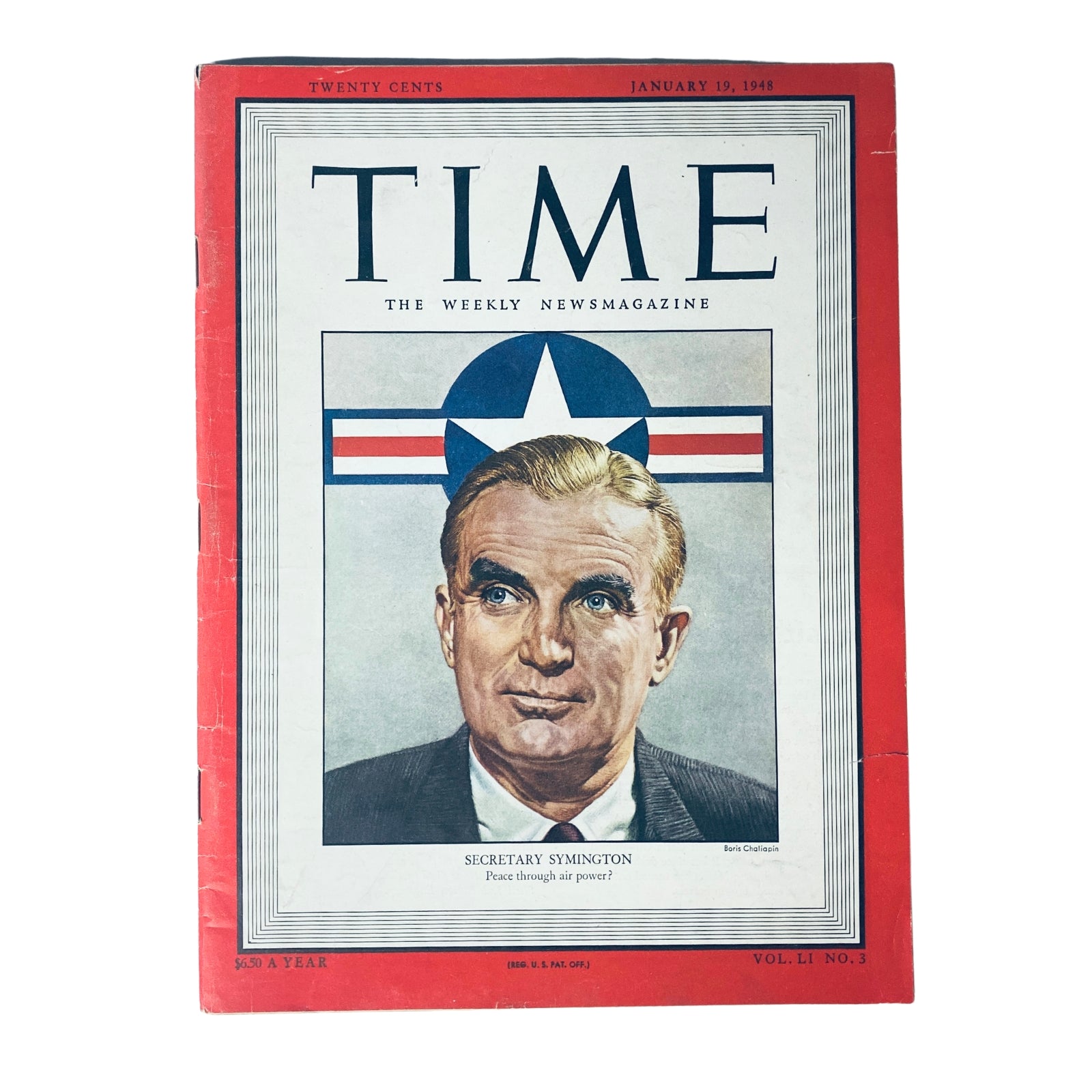 Cover of Time Magazine, January 19, 1948, Vol. 51 No. 3 featuring W. Stuart Symington, the first Secretary of the U.S. Air Force, with a backdrop of a star emblem and the tagline 'Peace through air power?'.