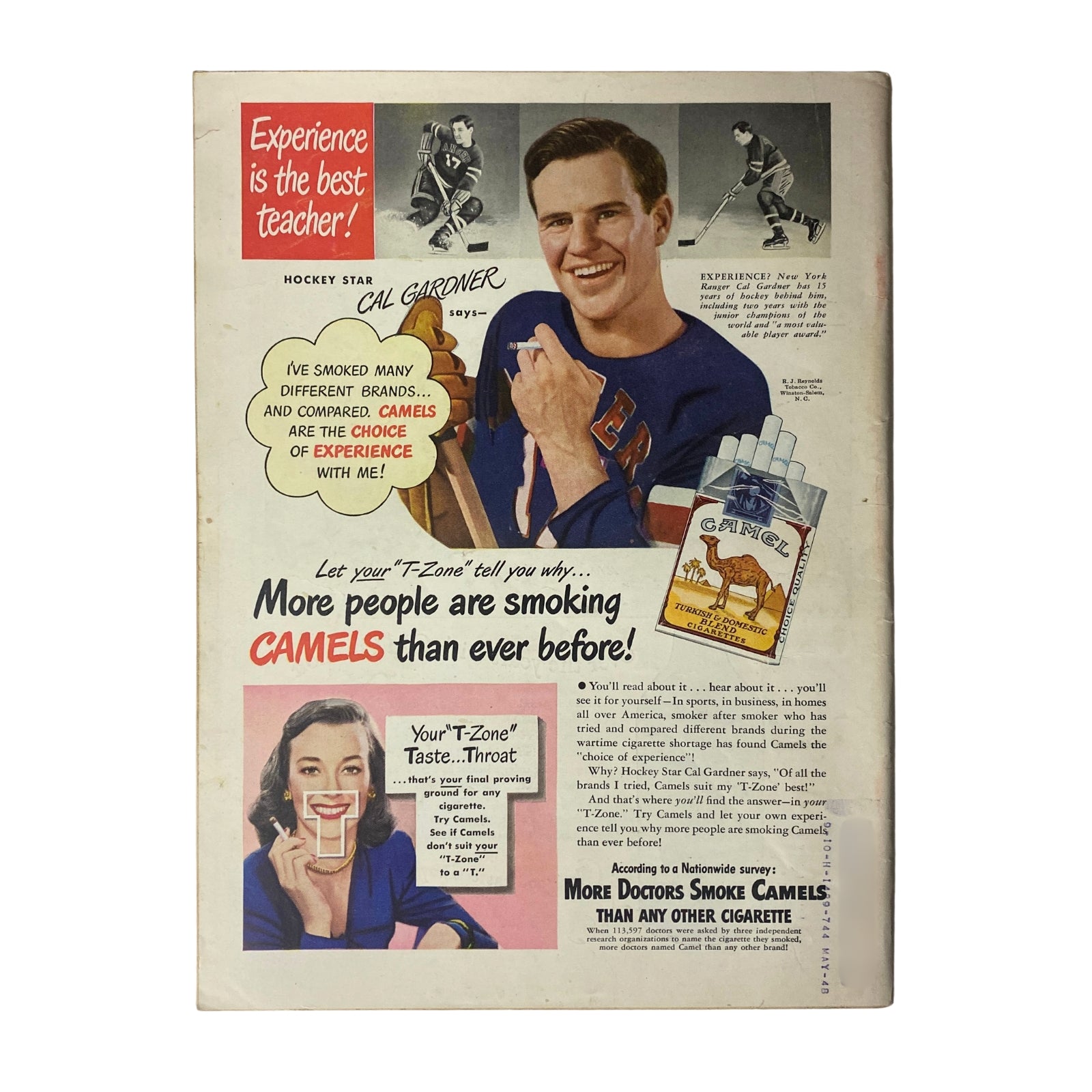 Advertisement from the back cover of Time Magazine, January 19, 1948, featuring hockey star Cal Gardner promoting Camel cigarettes with the slogan 'Experience is the best teacher!'.