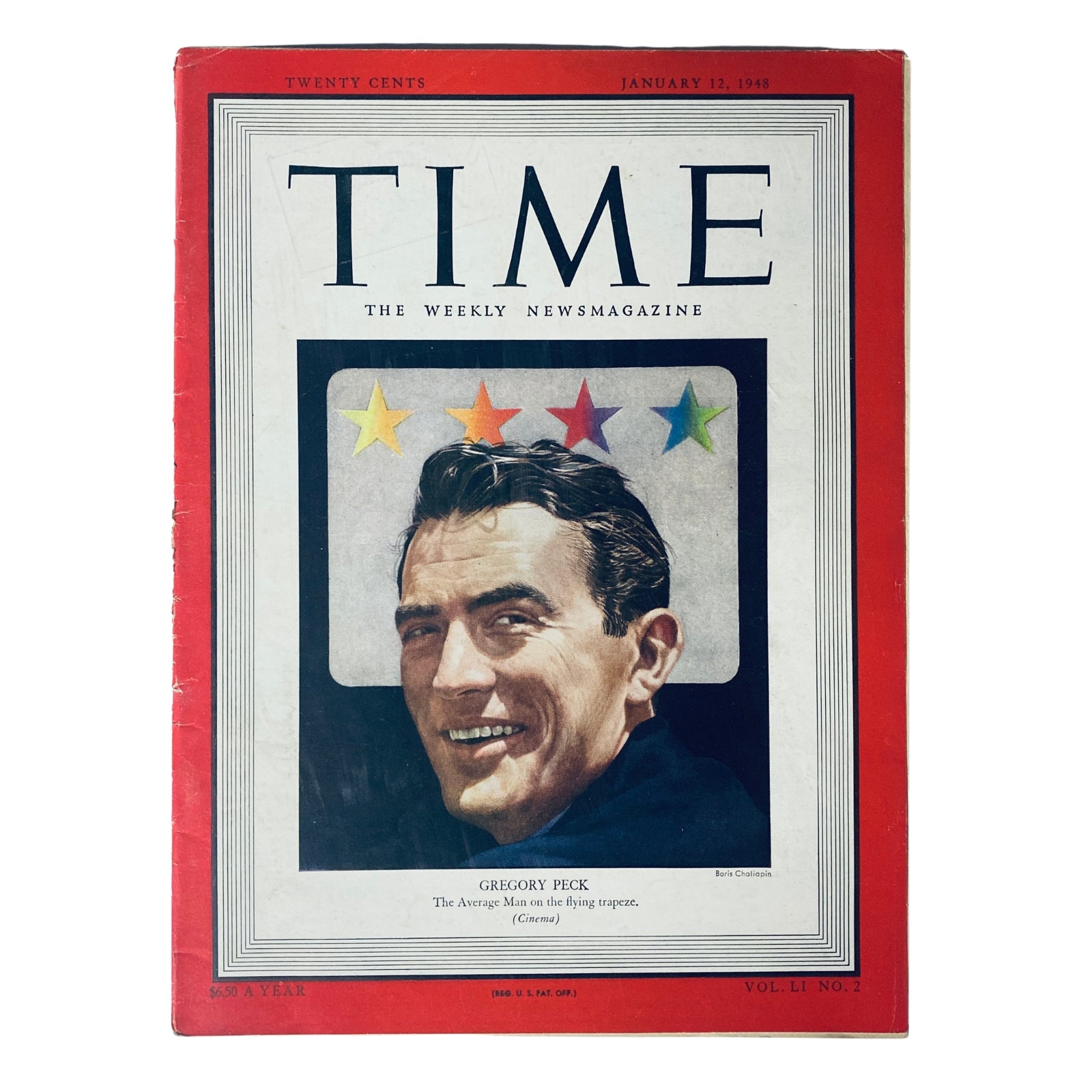 Time Magazine January 12, 1948 Vol 51 No 2 cover featuring Gregory Peck, acclaimed Hollywood actor, highlighted with a vibrant border and stars.