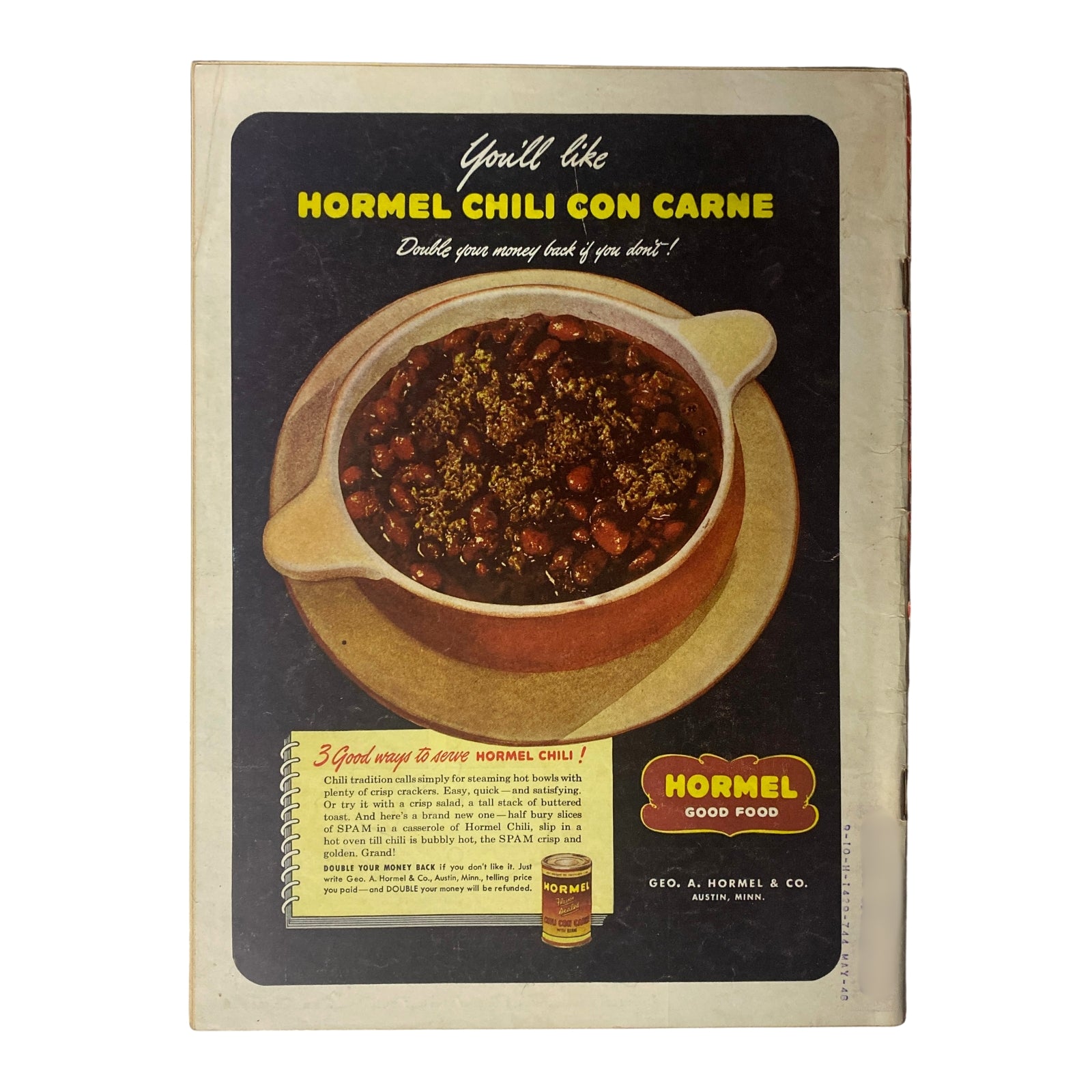 Back cover of Time Magazine January 12, 1948 Vol 51 No 2 featuring an advertisement for Hormel Chili Con Carne, showcasing a serving bowl with chili and promotional text.
