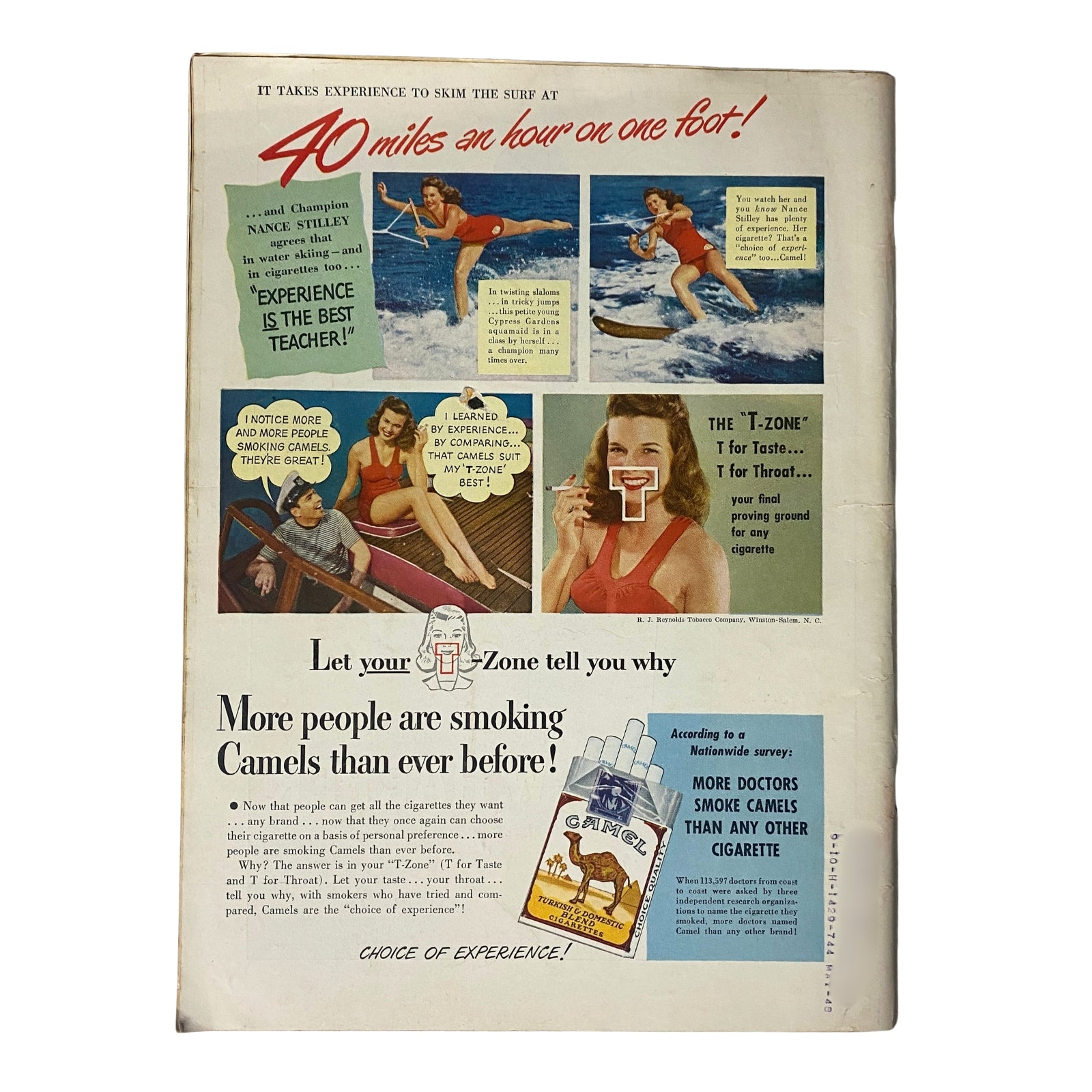 Back cover of Time Magazine March 29, 1948, Vol 51 No 13, featuring a Camel cigarette advertisement emphasizing the 'T-Zone' taste and throat test, with vibrant visuals of women surfing.