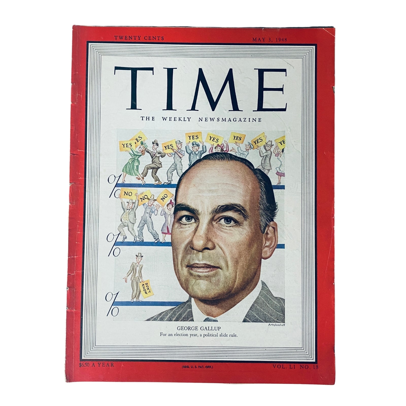 Time Magazine May 3, 1948 Vol 51 No. 18 featuring George Gallup on the cover, depicting political themes and public opinion research.