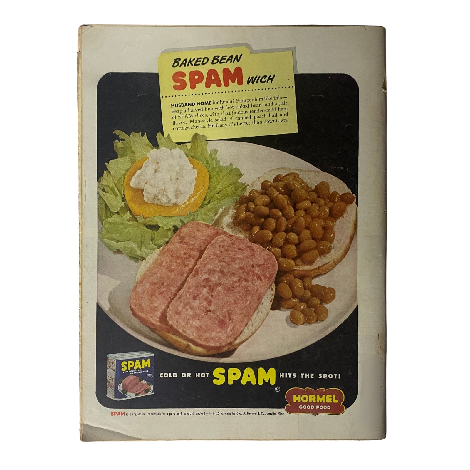 Baked Bean SPAMwich advertisement on the back cover of a vintage magazine, showcasing a meal with SPAM, baked beans, and lettuce.