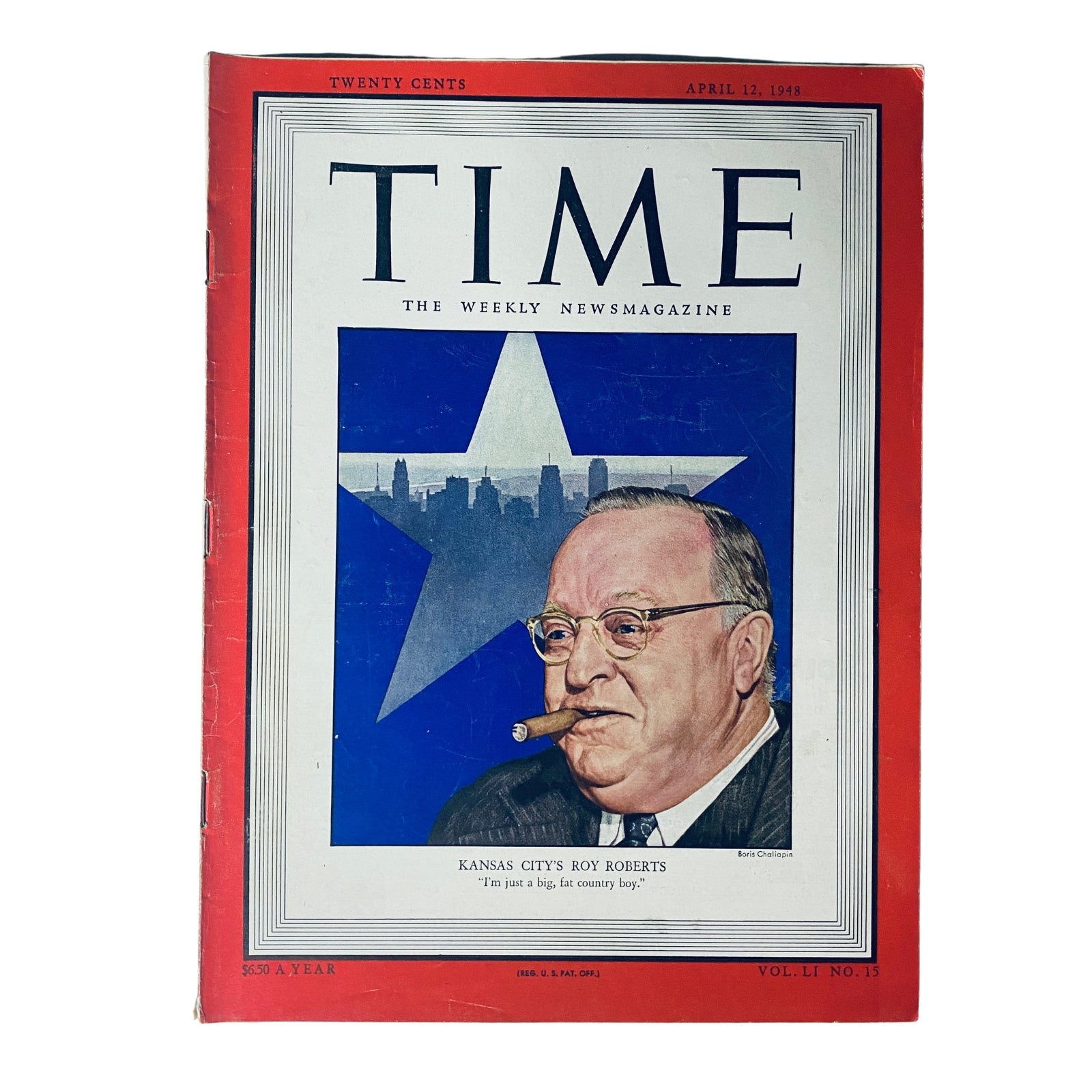 Cover of Time Magazine dated April 12, 1948, featuring Roy A. Roberts, Vol. 51 No. 15, with a portrait illustration of Roberts holding a cigar against a blue and white star background.