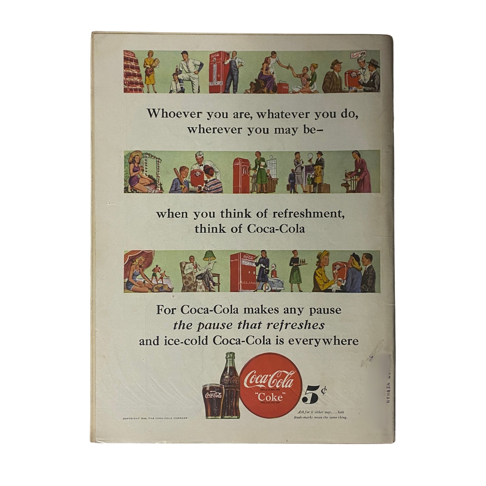 Back cover of Time Magazine April 12, 1948 Vol 51 No. 15 featuring a vintage Coca-Cola advertisement. The ad showcases various scenes of people enjoying Coca-Cola, emphasizing the slogan about refreshing moments.