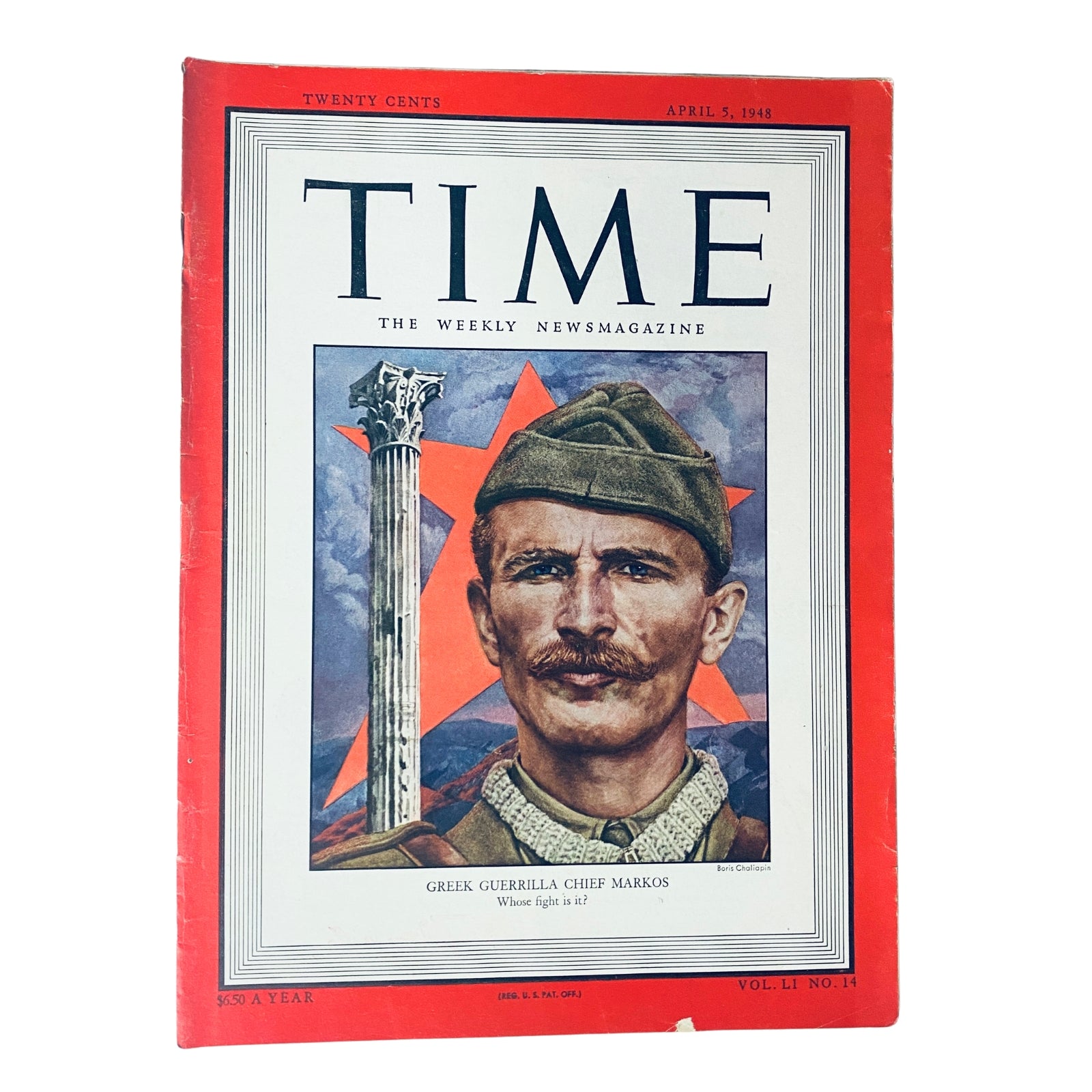Time Magazine cover from April 5, 1948, Vol 51 No 14 featuring Greek Guerrilla Chief Markos Vafiades with a red star background.