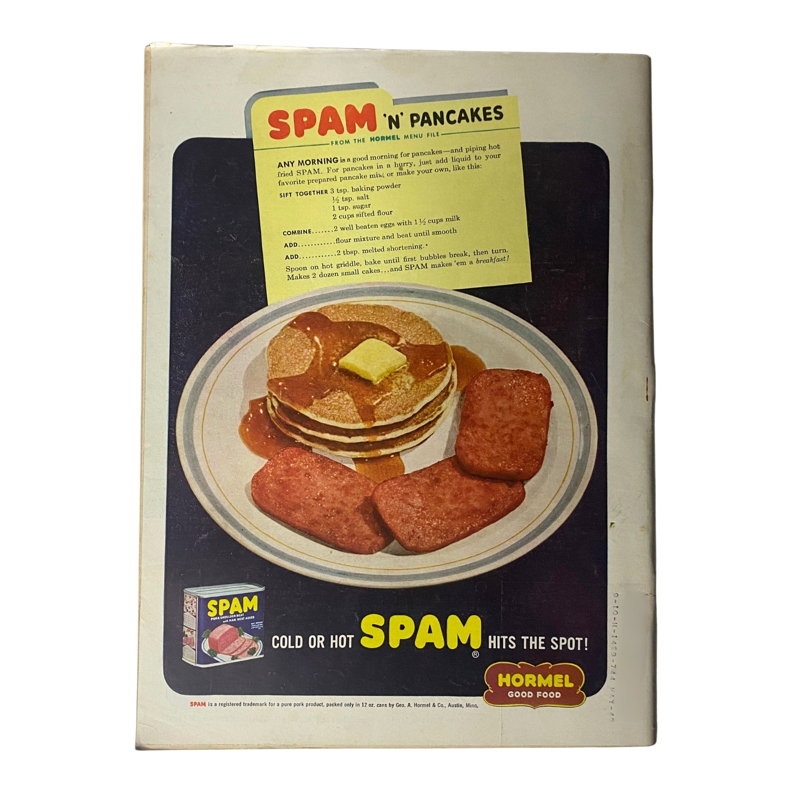 Back cover advertisement for Spam 'n' Pancakes recipe from Hormel featured in Time Magazine, showcasing a plate of pancakes with Spam.