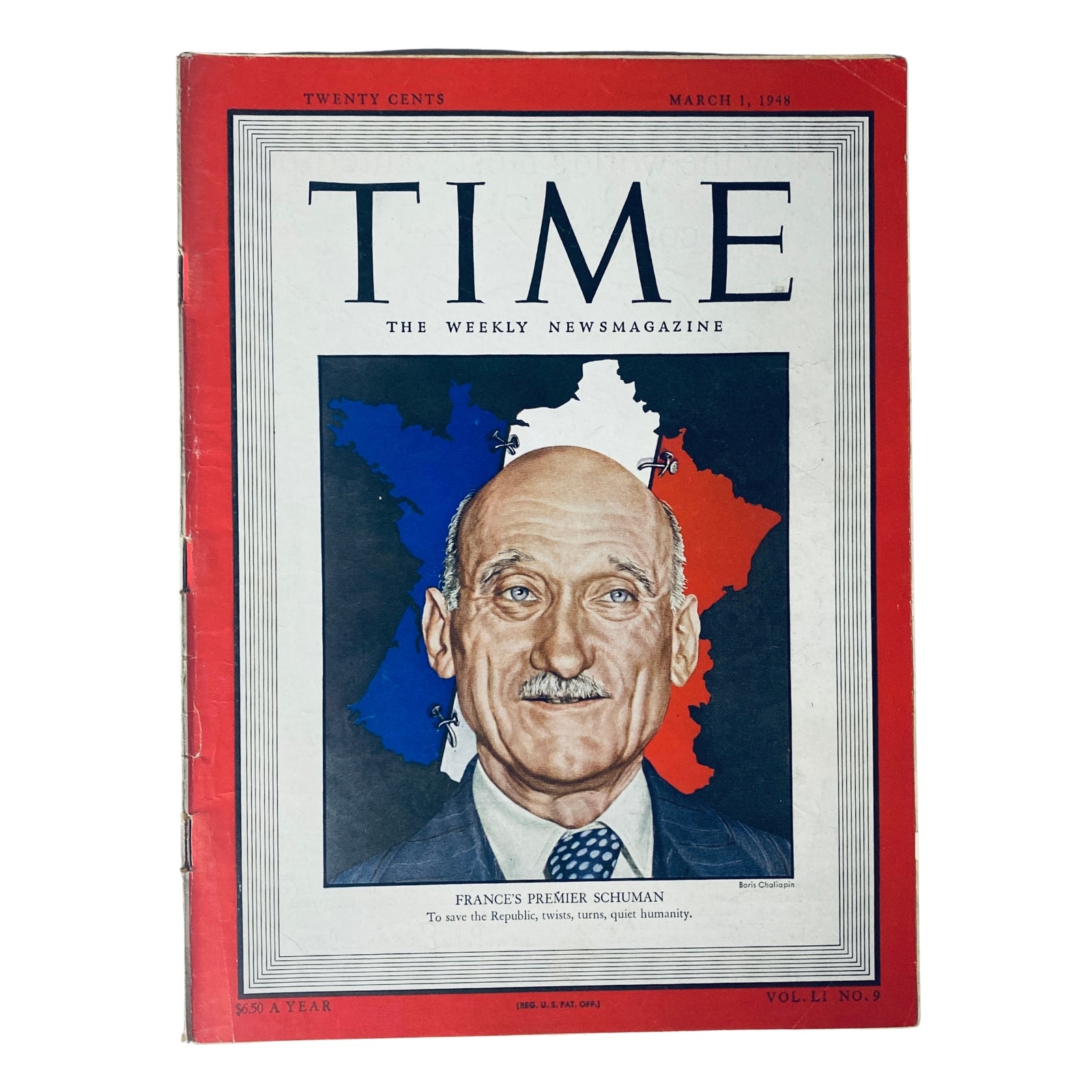 Cover of Time Magazine dated March 1, 1948, featuring France's Premier Robert Schuman, showcasing his portrait against a backdrop of the French flag.