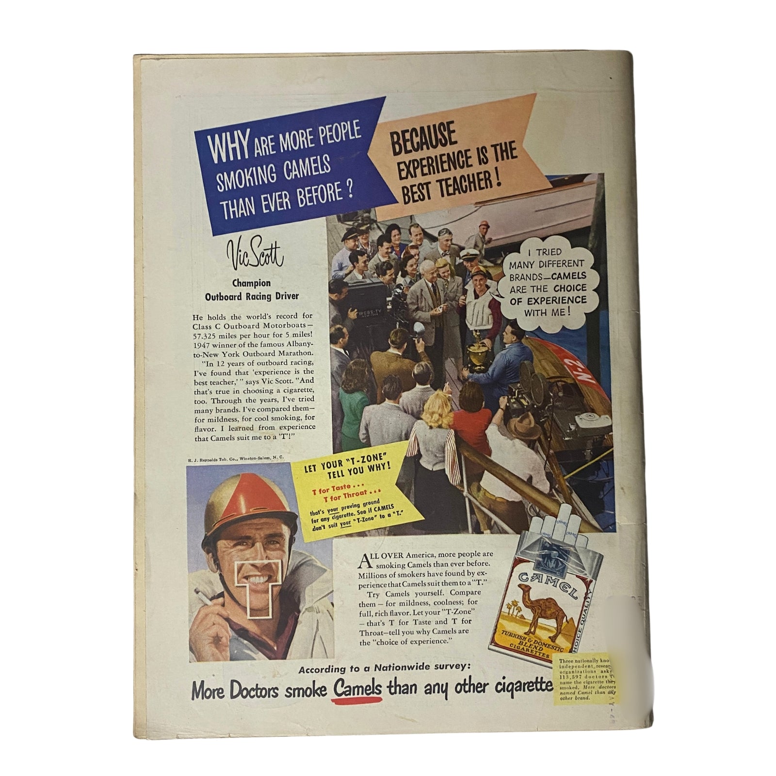 Back cover of Time Magazine from March 1, 1948, highlighting an advertisement for Camel cigarettes featuring Vic Scott, a champion outboard racing driver, discussing smoking preferences.