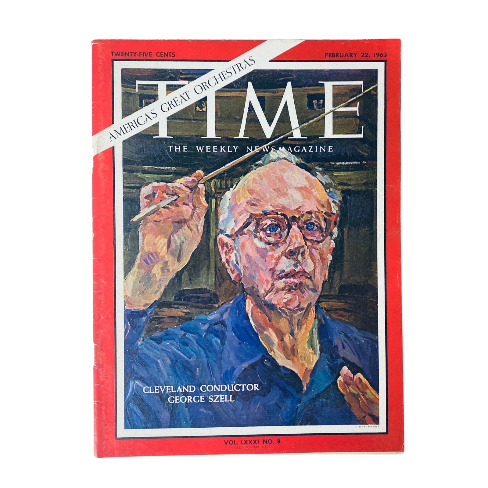 Cover of Time Magazine, February 22, 1963, Vol. 81 No. 8 featuring conductor George Szell, highlighting 'America's Great Orchestras' with an artistic depiction of Szell conducting.