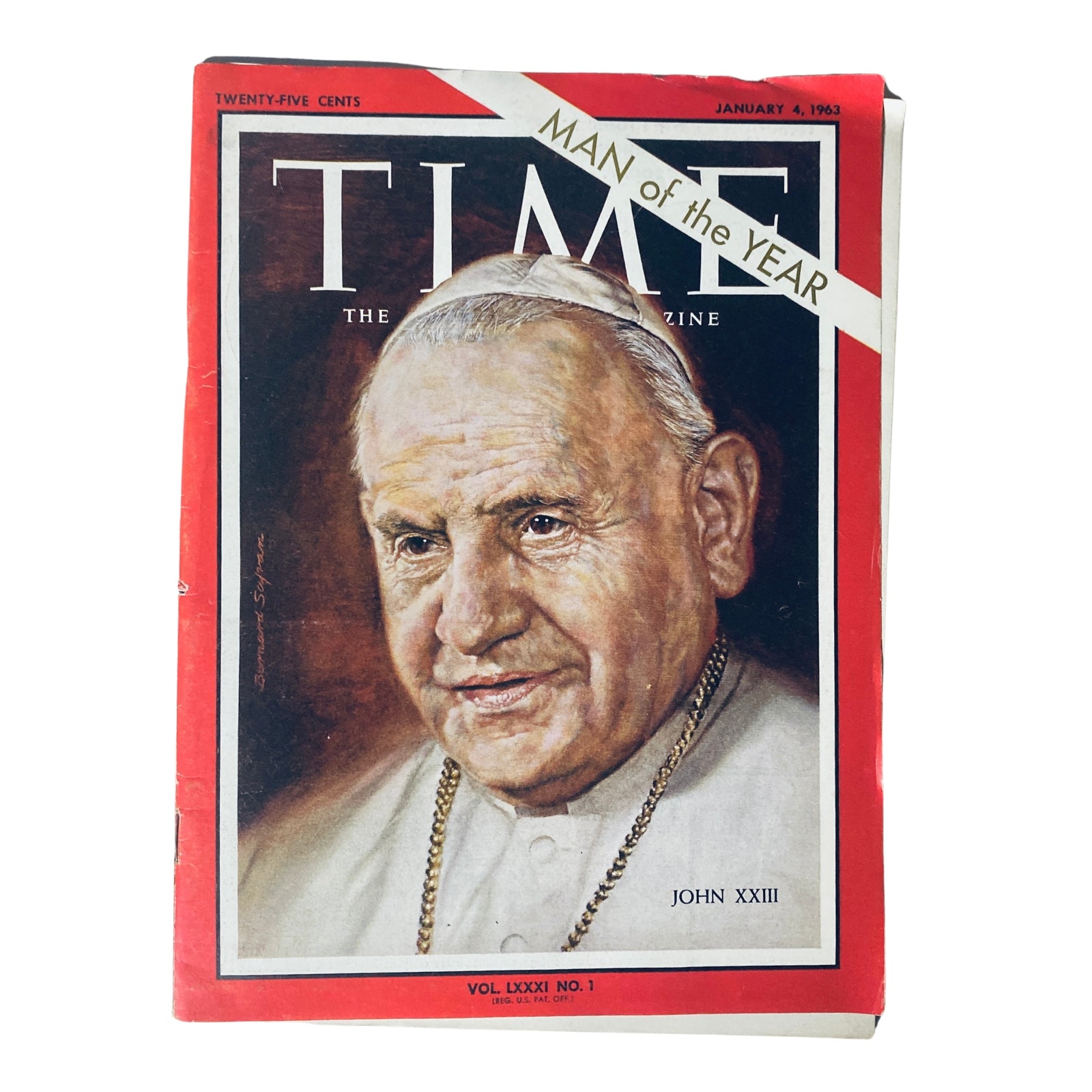 Time Magazine January 4, 1963 Vol 81 No 1 featuring Pope John XXIII as Man of the Year, showcasing a portrait of the influential Pope known for his reformist vision.