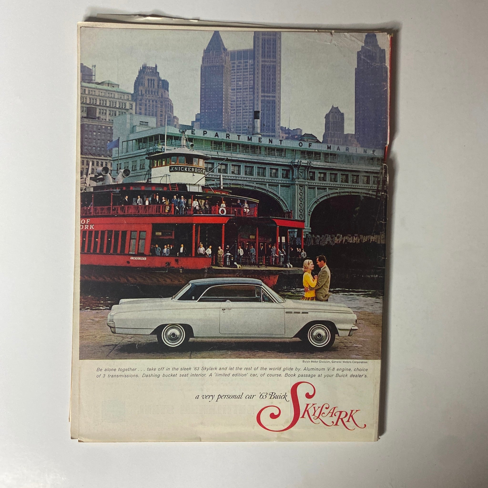 Back cover of Time Magazine January 4, 1963 Vol 81 No 1 featuring a vintage Buick Skylark with a cityscape backdrop, highlighting an advertisement that captures the essence of the early 1960s.