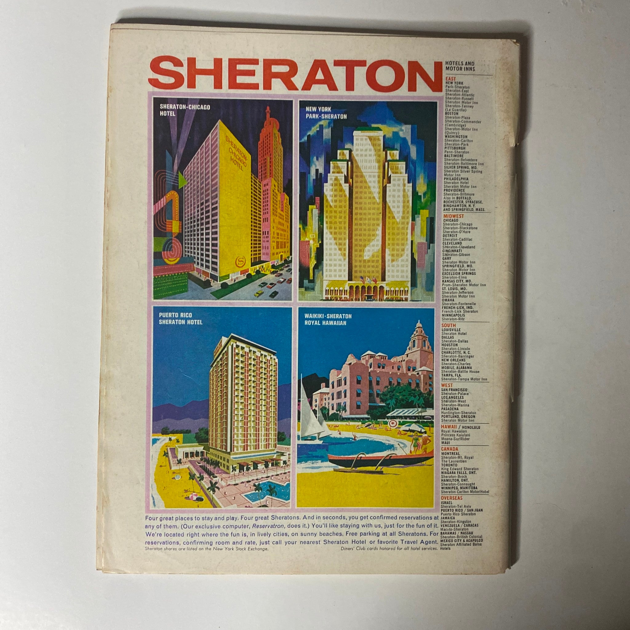 Back cover of a Sheraton Hotels advertisement showcasing four locations including Sheraton-Chicago, New York Park-Sheraton, Puerto Rico Sheraton Hotel, and Waikiki Sheraton Royal Hawaiian.