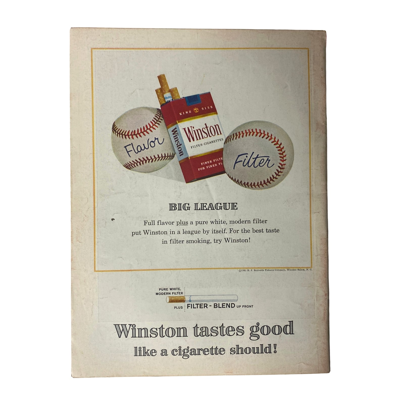 Vintage advertisement featuring a Winston cigarette pack alongside baseballs, promoting the flavor and filter of Winston cigarettes. The ad is from the September 20, 1963 issue of Time Magazine, Vol 82 No. 12, featuring Zygmunt and Jolanta on the cover.