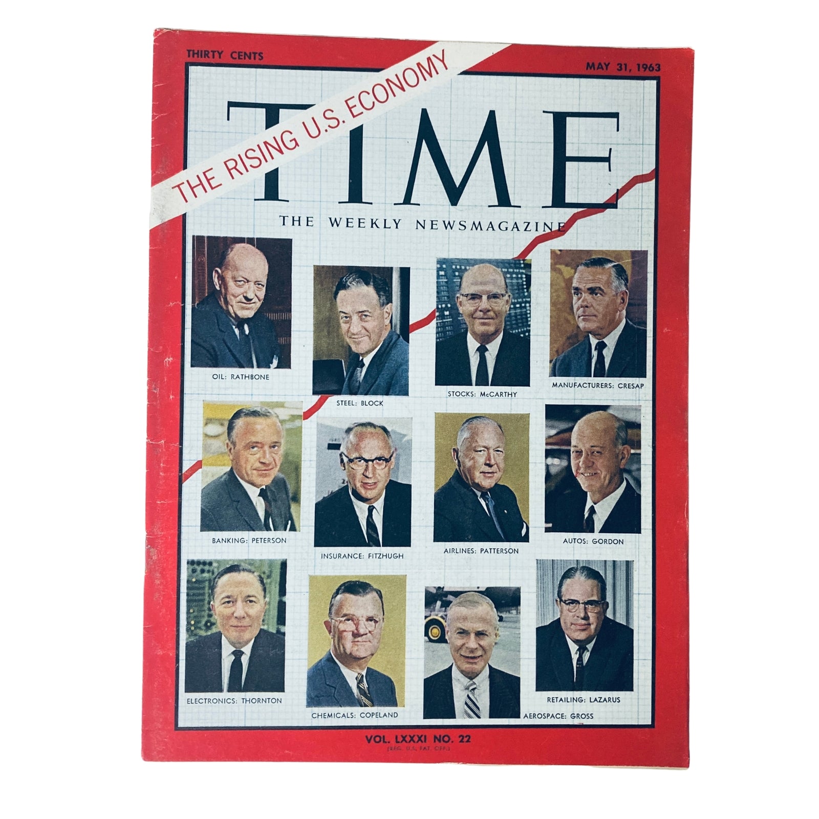 Time Magazine May 31, 1963 cover featuring 12 top U.S. executives including leaders from various industries like oil, banking, and electronics, illustrating the rising U.S. economy.