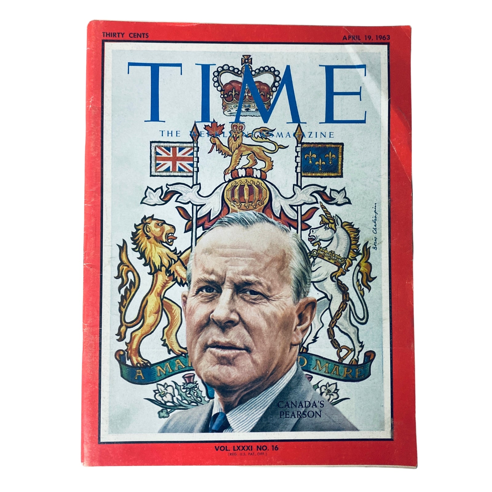 Cover of Time Magazine dated April 19, 1963, featuring Lester B. Pearson, Vol 81 No. 16. The artwork includes heraldic symbols and a portrait of Pearson, reflecting his prominence as Prime Minister of Canada.
