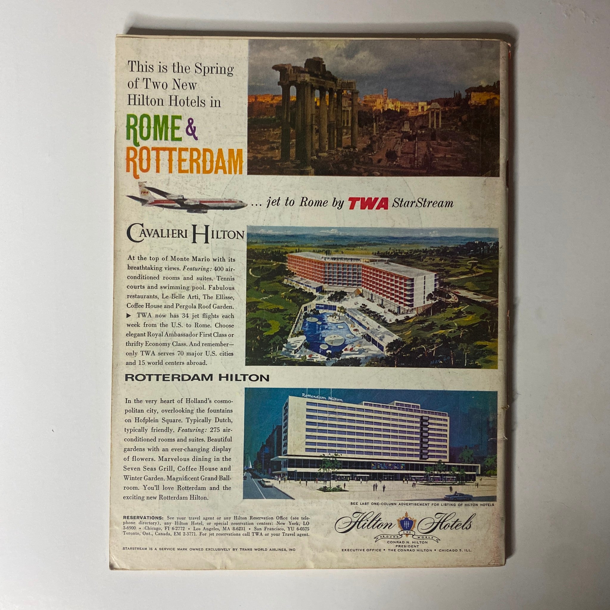 Back cover of Time Magazine, April 19, 1963, featuring an advertisement for Hilton Hotels in Rome and Rotterdam. The ad showcases images of the hotels and information about travel accommodations.