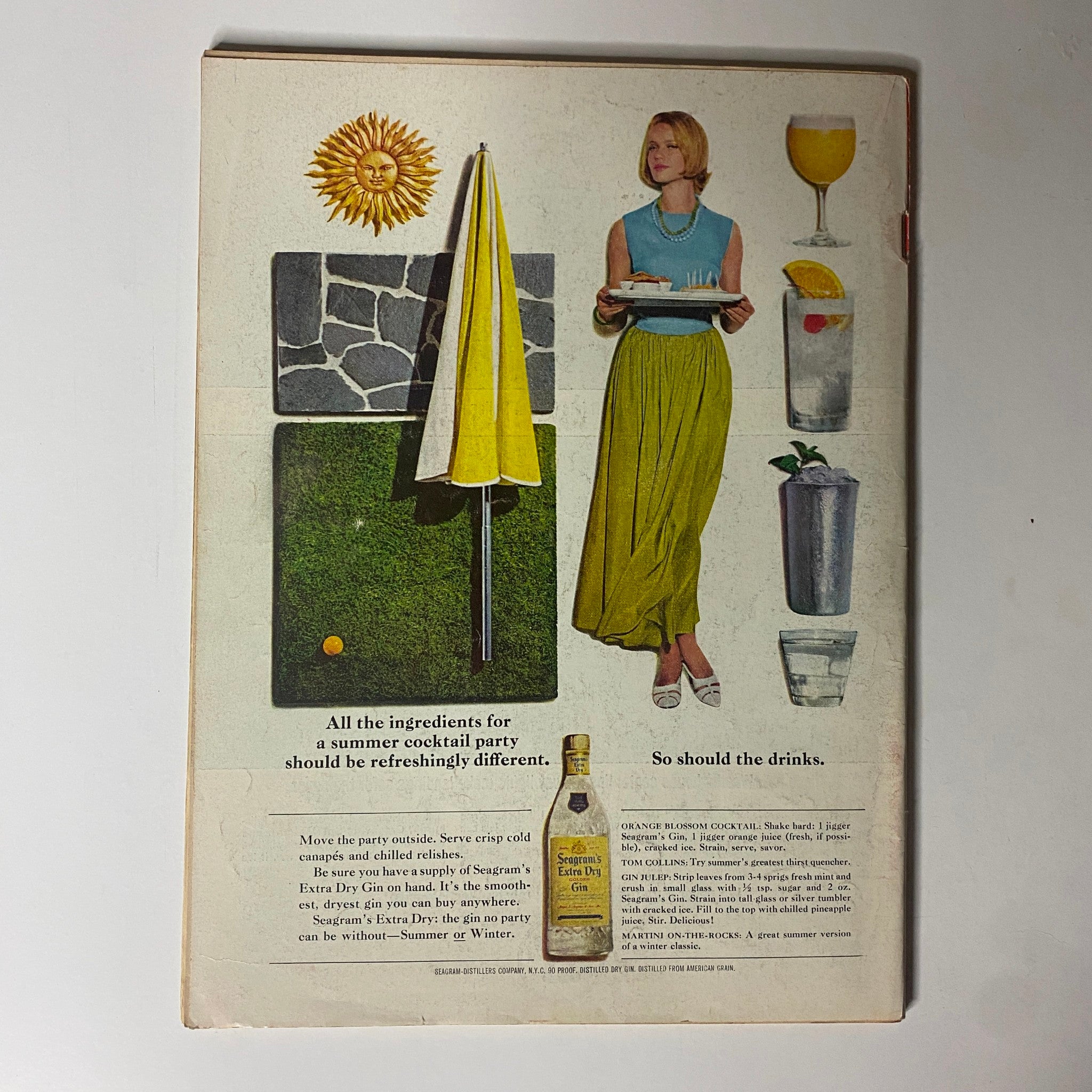 Back cover of Time Magazine from July 26, 1963, Vol. 82 No. 4 featuring a summer cocktail party theme with a stylish woman holding plates, bold sun imagery, and a focus on Seagram's Extra Dry Gin.