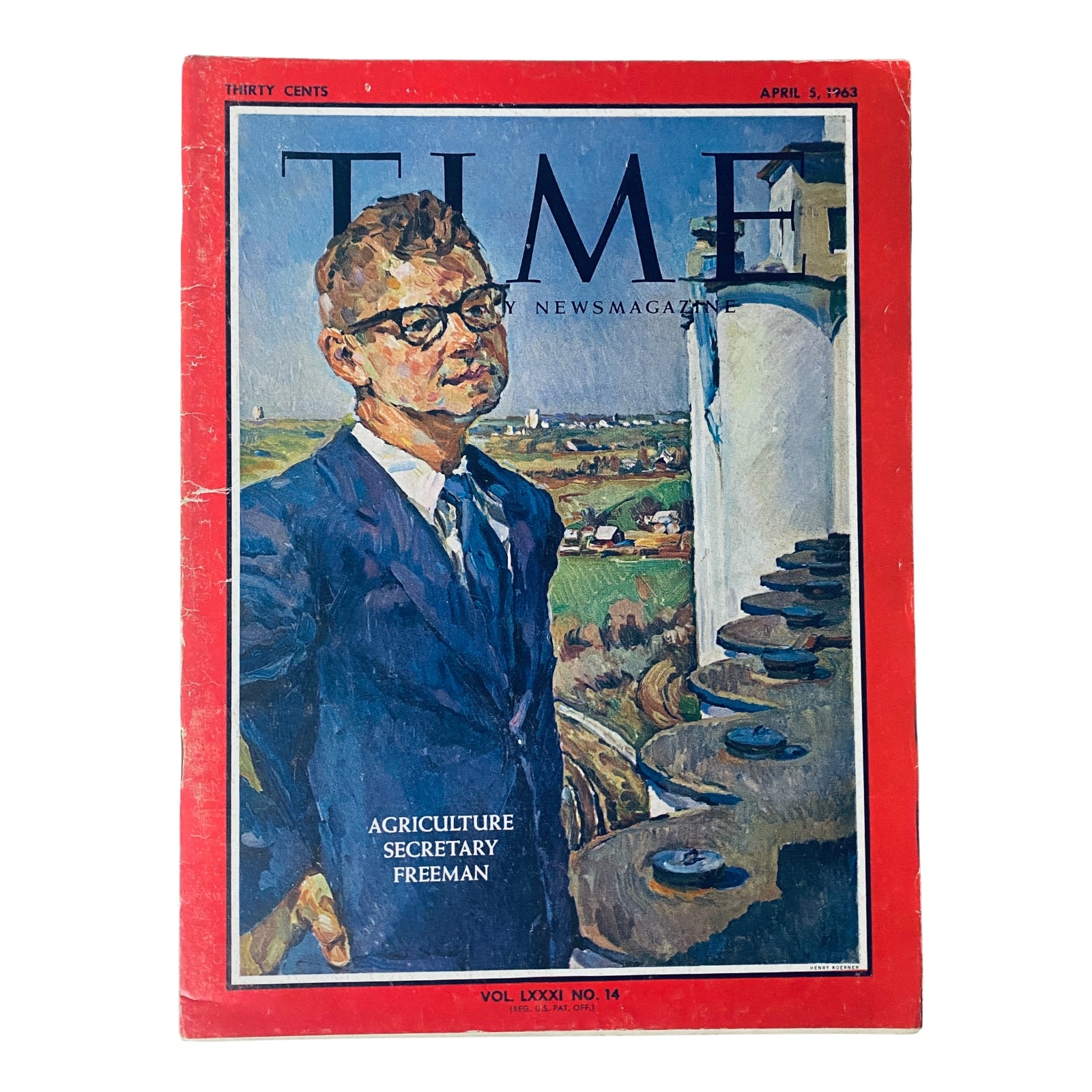 Time Magazine April 5, 1963 Vol 81 No. 14 featuring a portrait of Orville Freeman, Agriculture Secretary, on the cover.