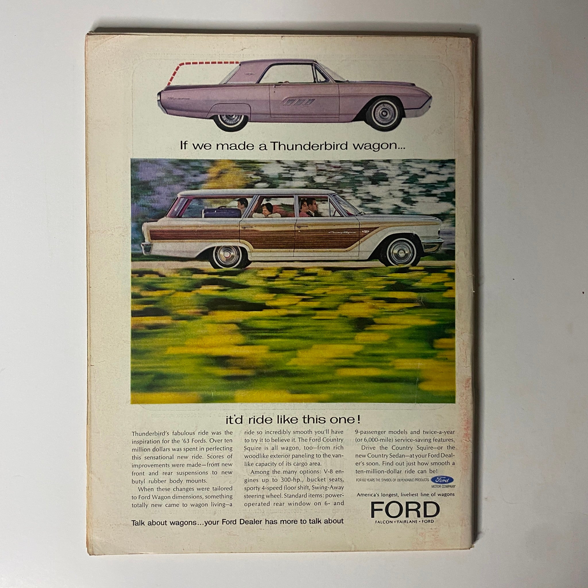 Back cover of Time Magazine April 5, 1963, showcasing a Ford advertisement with images of a Thunderbird and a wagon.