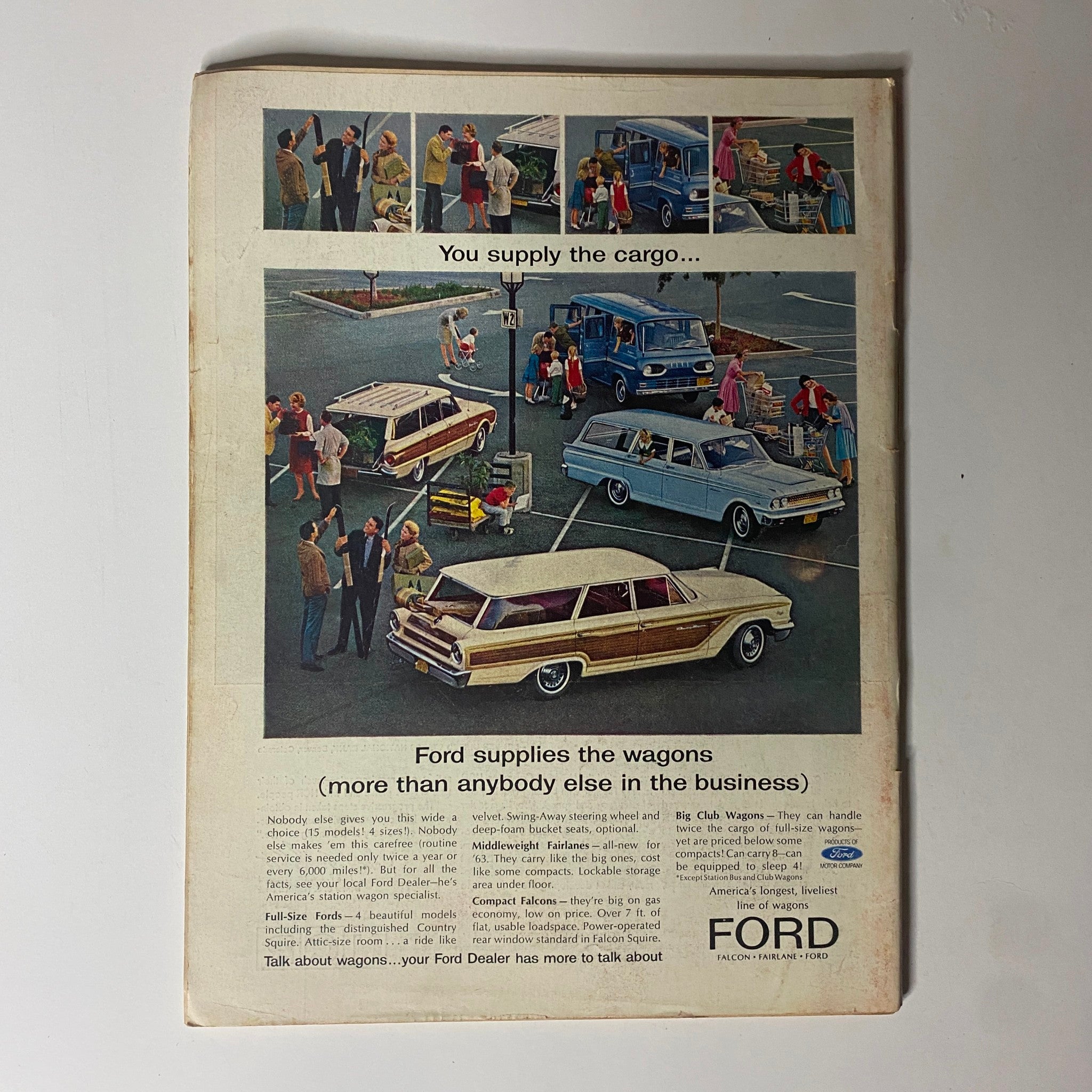 Back cover of Time Magazine from February 8, 1963, featuring a vintage Ford advertisement with people interacting around cars, highlighting Ford's diverse wagon options.