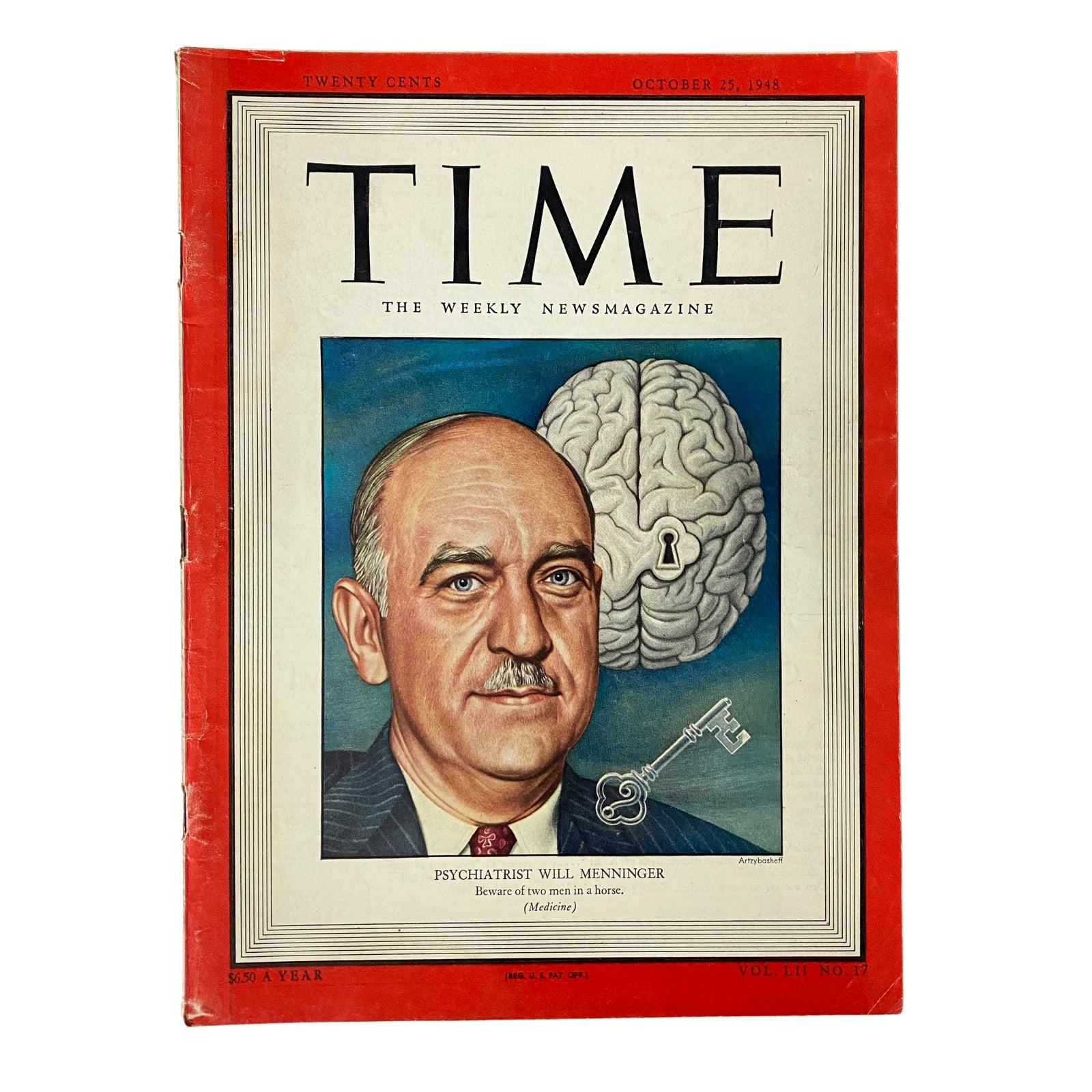 Cover of Time Magazine dated October 25, 1948, Vol. 52 No. 17 featuring psychiatrist William C. Menninger with a depiction of a brain, highlighting his contributions to mental health.