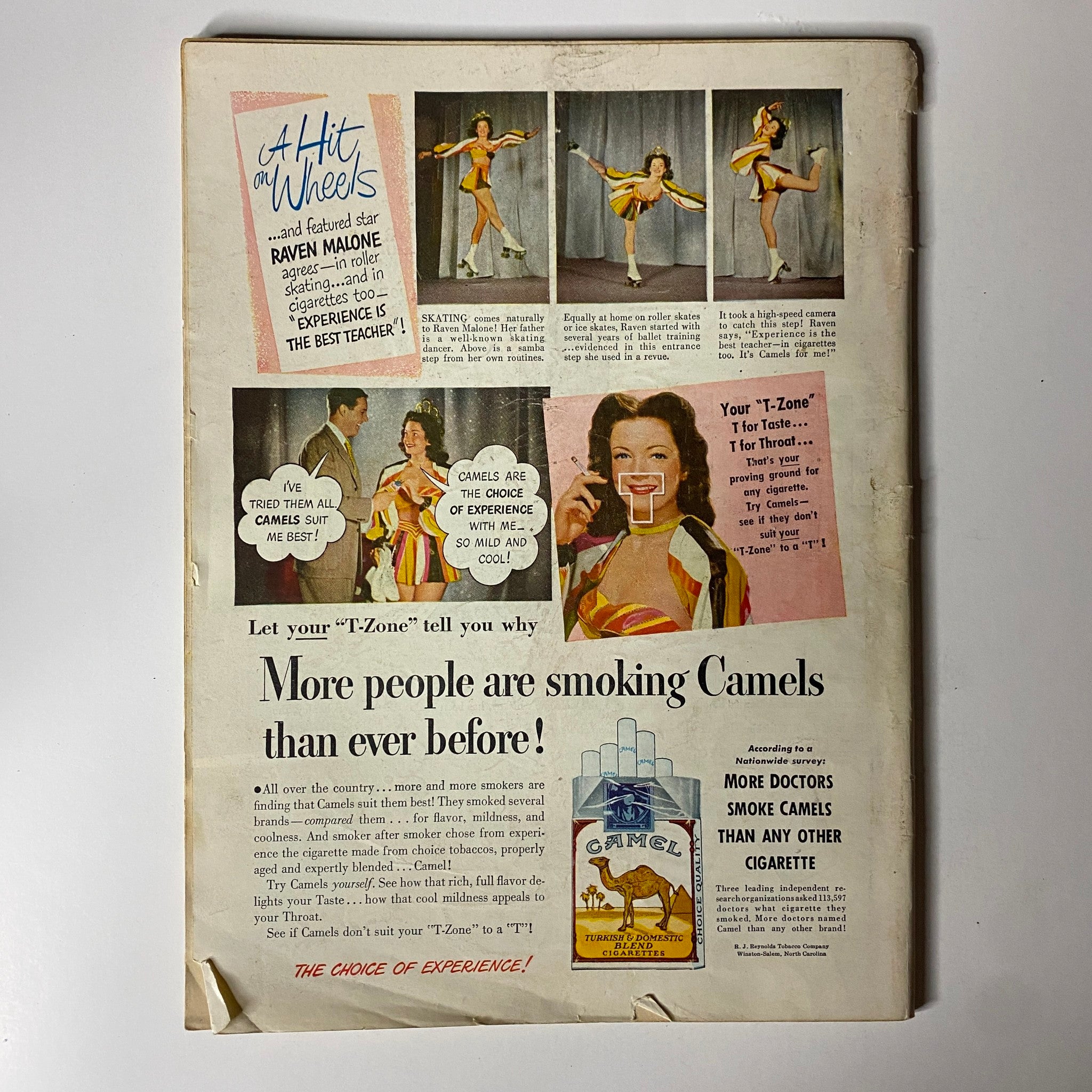 Back cover of a vintage magazine advertising Camel cigarettes, featuring a roller skater and promoting the smoking experience, with an emphasis on the tagline 'Let your T-Zone tell you why.'