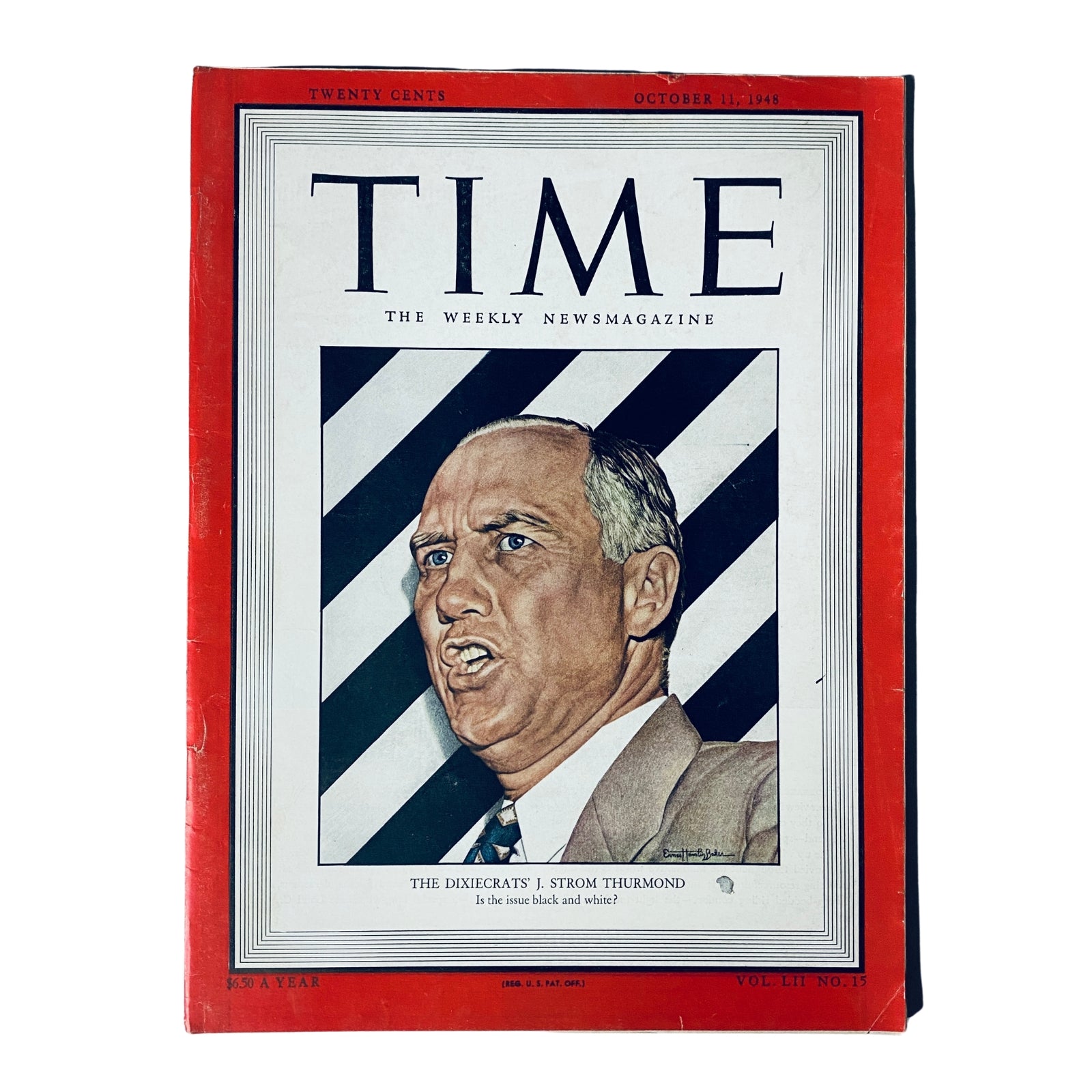 Time Magazine cover from October 11, 1948, featuring J. Strom Thurmond, includes bold colors and stripes with Thurmond depicted expressively.