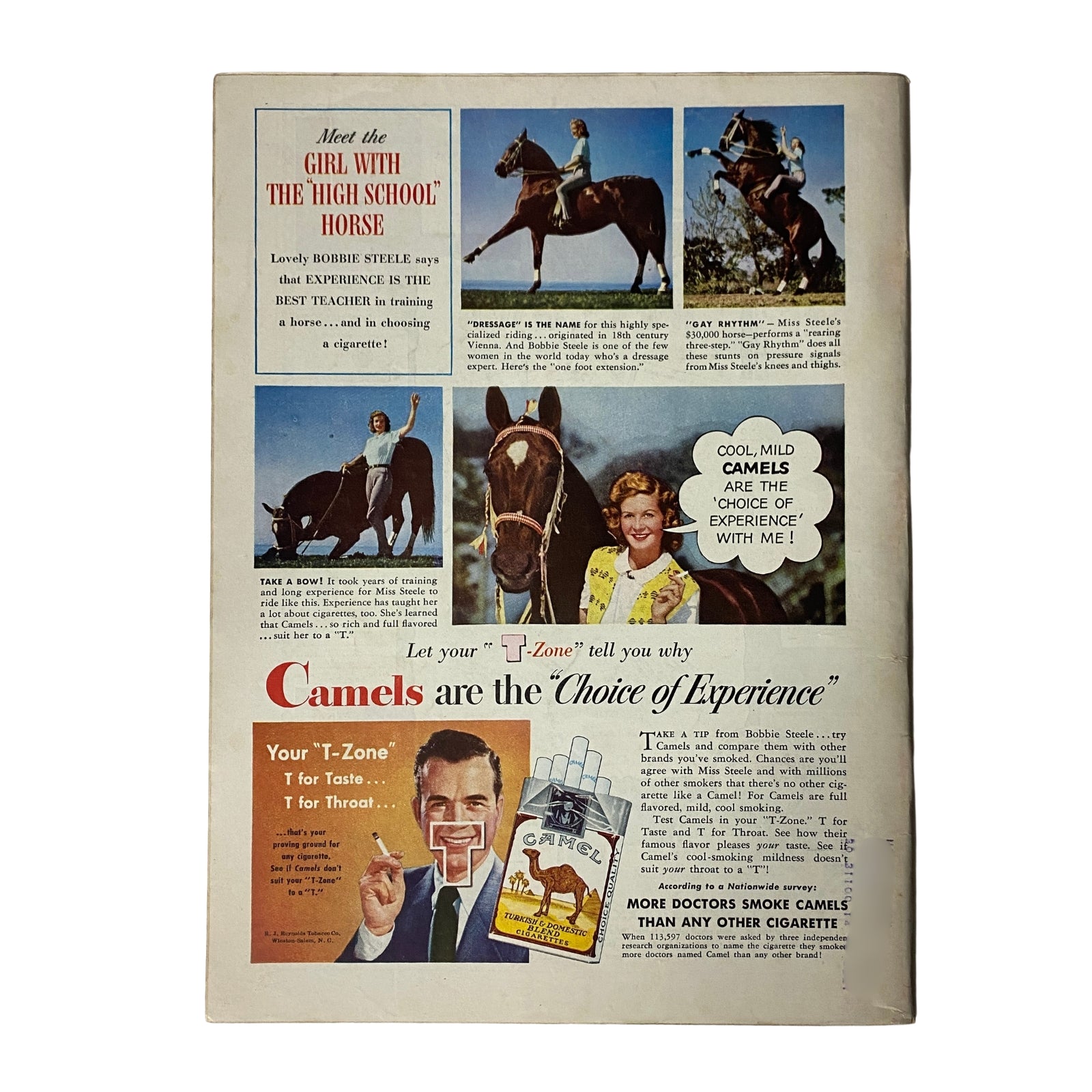 Back cover of a vintage magazine showcasing an advertisement for Camels cigarettes, includes photos of Bobbie Steele with horses and a promotional message about the 'T-Zone'.