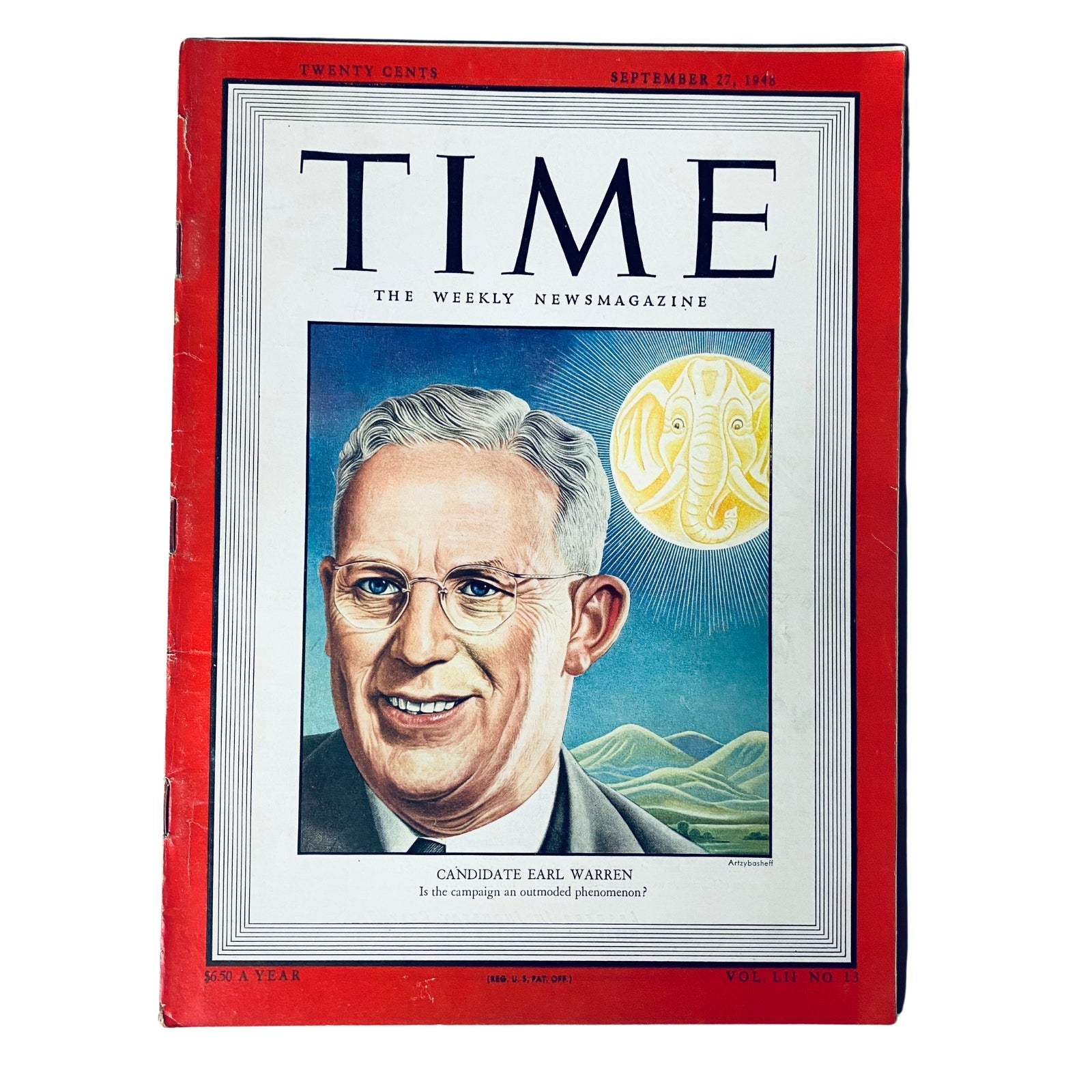 Cover of Time Magazine, September 27, 1948, Vol 52 No 13 featuring Candidate Earl Warren, showcasing his portrait and political campaign.