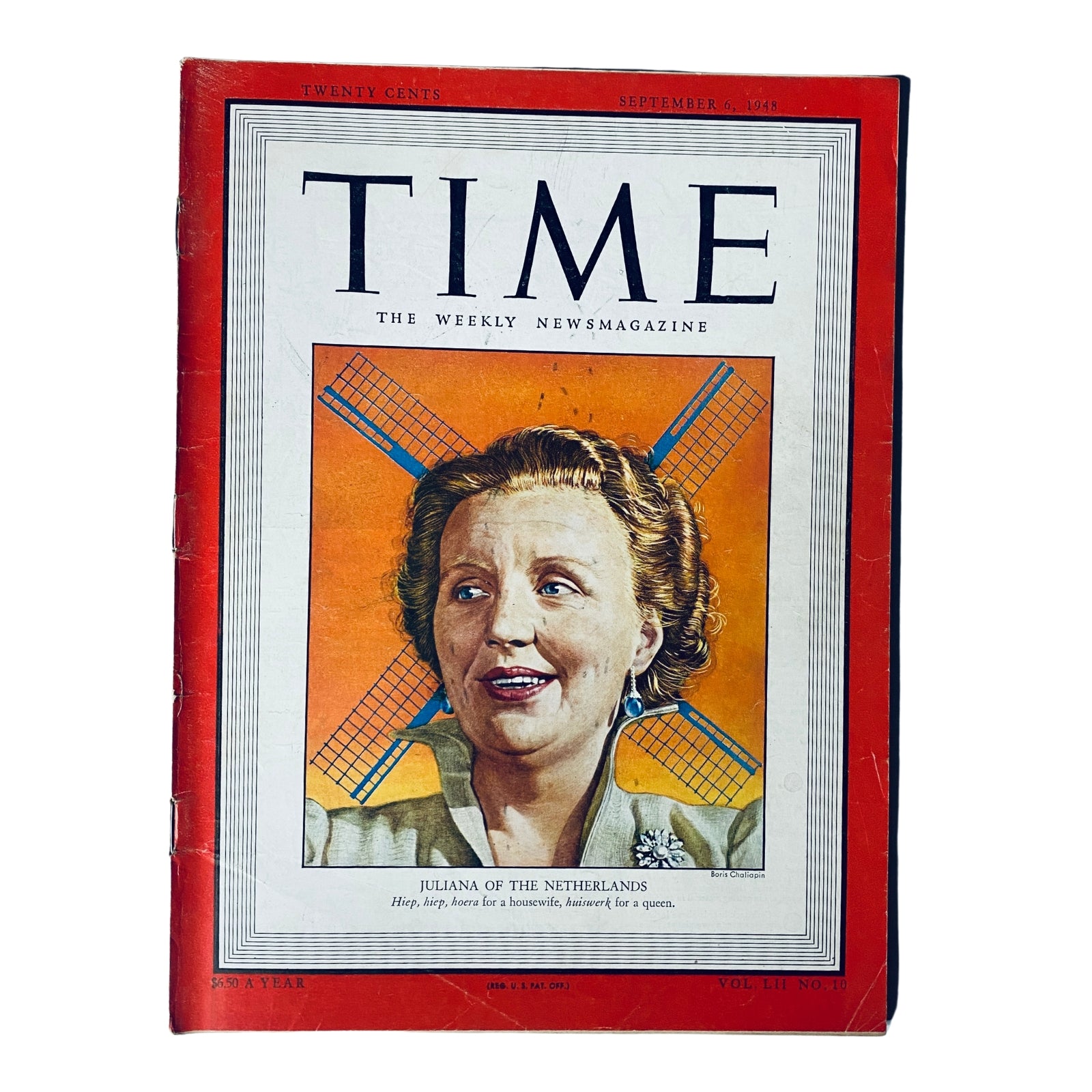 Time Magazine cover from September 6, 1948, Vol. 52 No. 10 featuring Queen Juliana of the Netherlands, showcasing her portrait with windmills in the background.