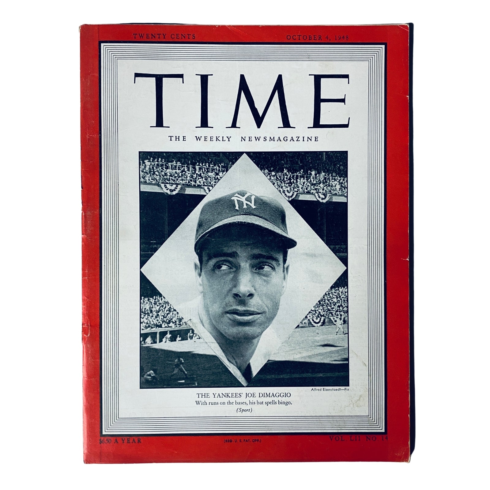 Time Magazine cover from October 4, 1948 featuring The Yankees' Joe DiMaggio, highlighting the legendary baseball player with a portrait image and sports theme.
