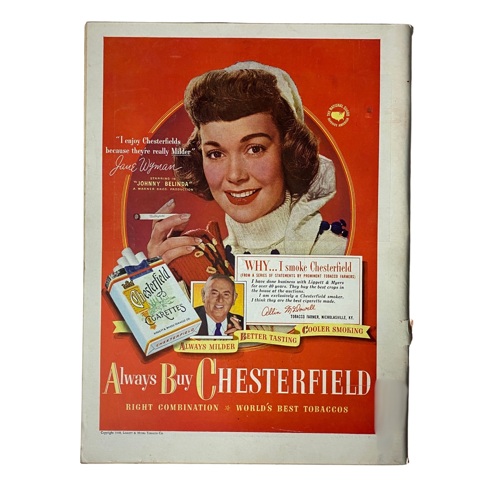 Vintage advertisement page for Chesterfield cigarettes featuring actress Jane Wyman, promoting the brand with colorful graphics and a slogan on mildness.