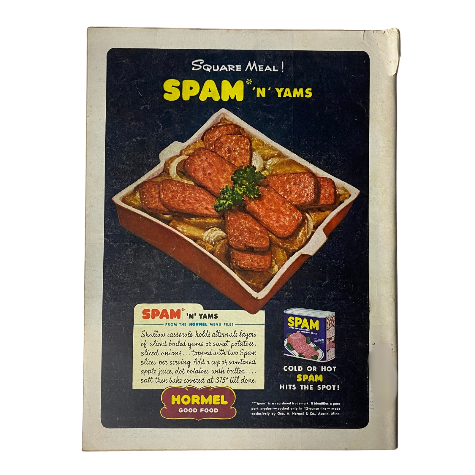 Back cover of Time Magazine from September 20, 1948, showcasing an advertisement for Spam 'n' Yams by Hormel, a vintage recipe suggestion.