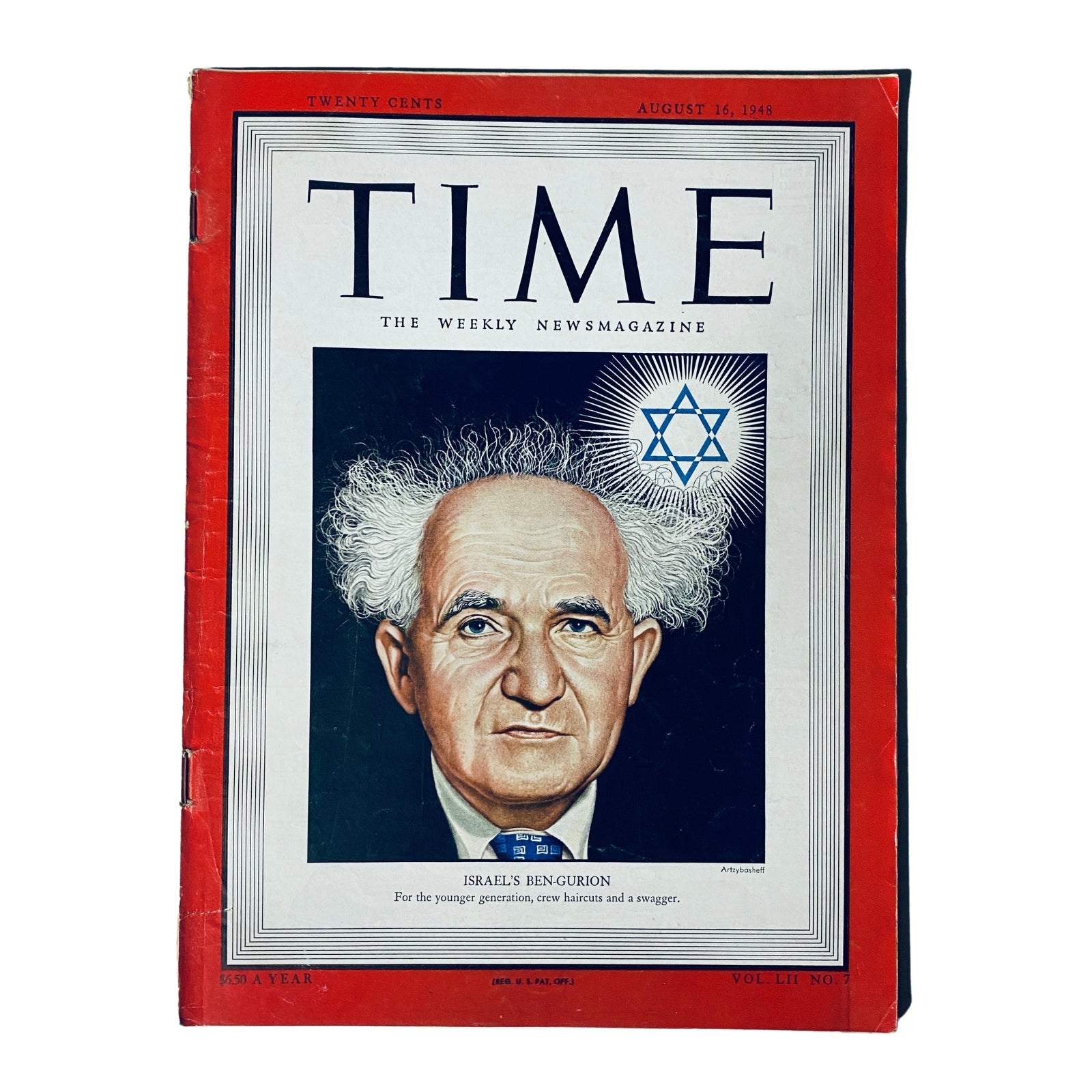 Time Magazine cover from August 16, 1948, featuring Israel's David Ben-Gurion, the first Prime Minister of Israel, in good condition, showcasing the historical significance of the publication.