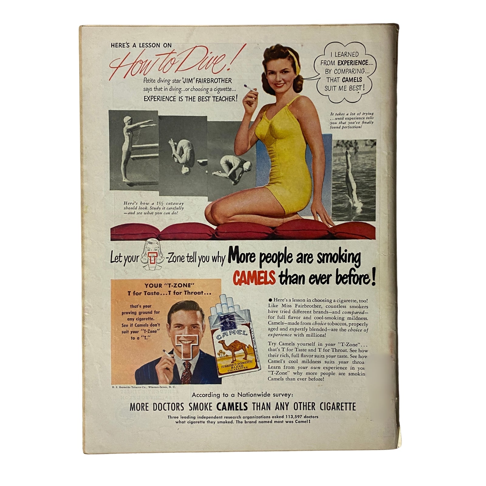 Vintage advertisement from the back cover of Time Magazine, August 16, 1948, promoting Camel cigarettes with a diving lesson theme featuring a woman in a yellow swimsuit.