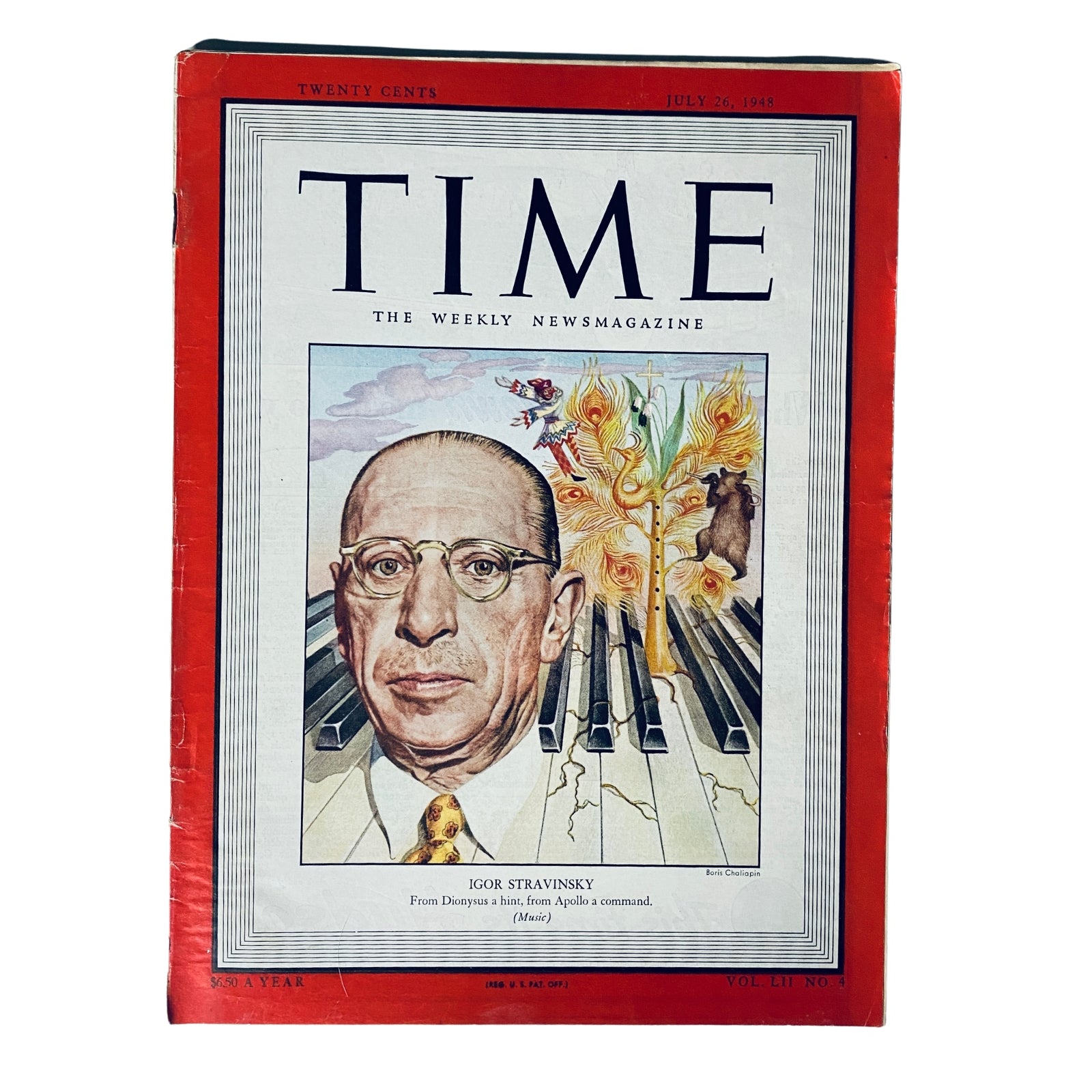 Time Magazine cover from July 26, 1948, featuring legendary composer Igor Stravinsky. The cover illustrates Stravinsky with a colorful artistic background, reflecting his influence in modern music.