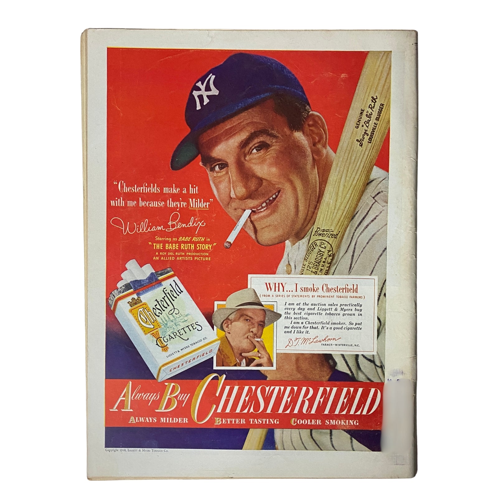 Back cover of Time Magazine from August 9, 1948, showcasing an advertisement for Chesterfield cigarettes, featuring a smiling baseball player holding a bat and smoking a cigarette.
