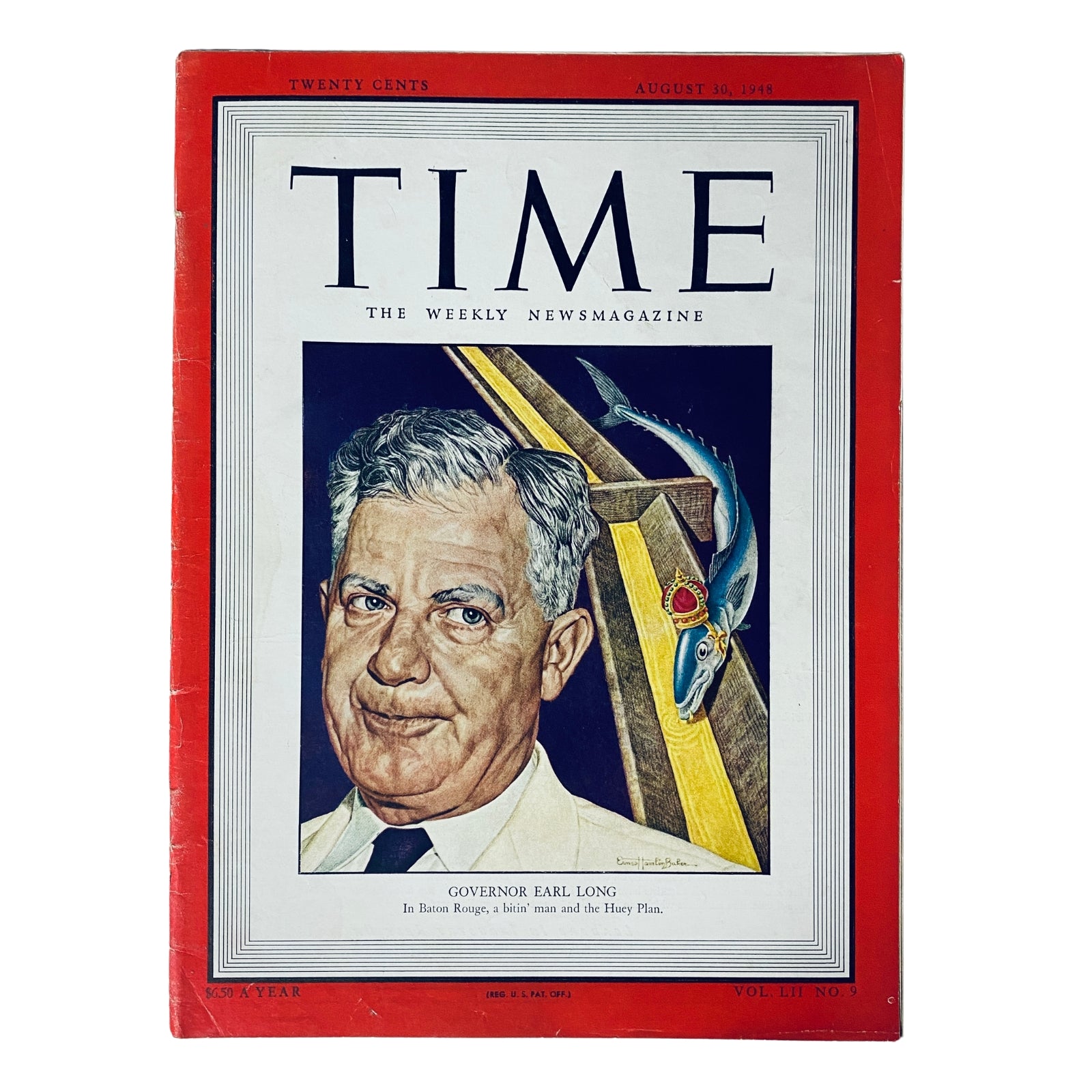 Time Magazine cover from August 30, 1948, featuring Governor Earl Long, Vol. 52 No. 9. The cover showcases a portrait of Long with an artistic background.