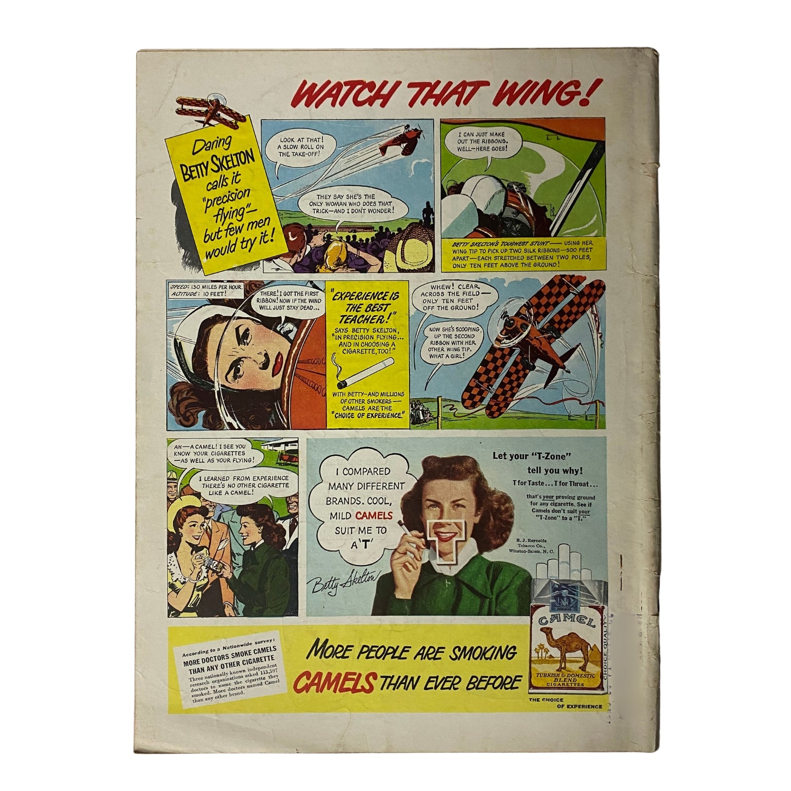 Back cover of Time Magazine August 30, 1948, featuring a colorful advertisement with the title 'WATCH THAT WING!' promoting Camel cigarettes with Betty Skelton.
