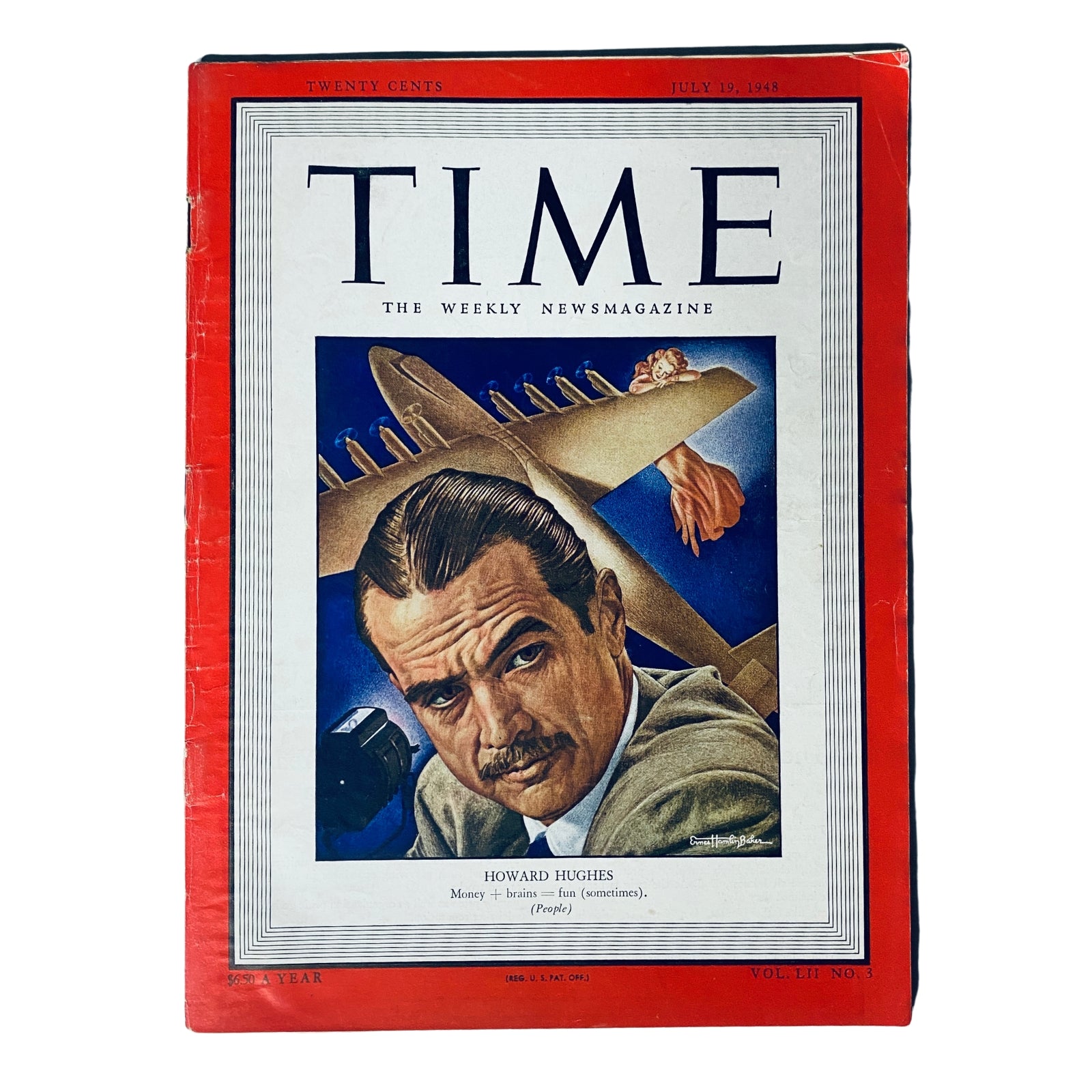 Cover of Time Magazine, July 19, 1948, Vol. 52 No. 3 featuring Howard Hughes, showcasing a portrait of the enigmatic industrialist, aviator, and film producer against a vibrant background.