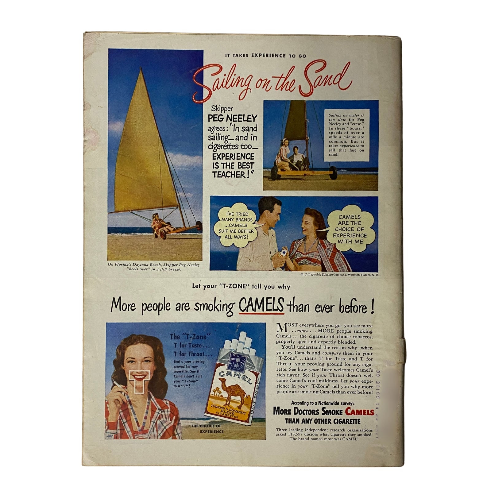 Vintage advertisement from Time Magazine July 19, 1948, Vol 52 No 3 featuring a sailing theme with a skippers' quote about experience, promoting Camel cigarettes, showcasing a couple enjoying a beach setting.
