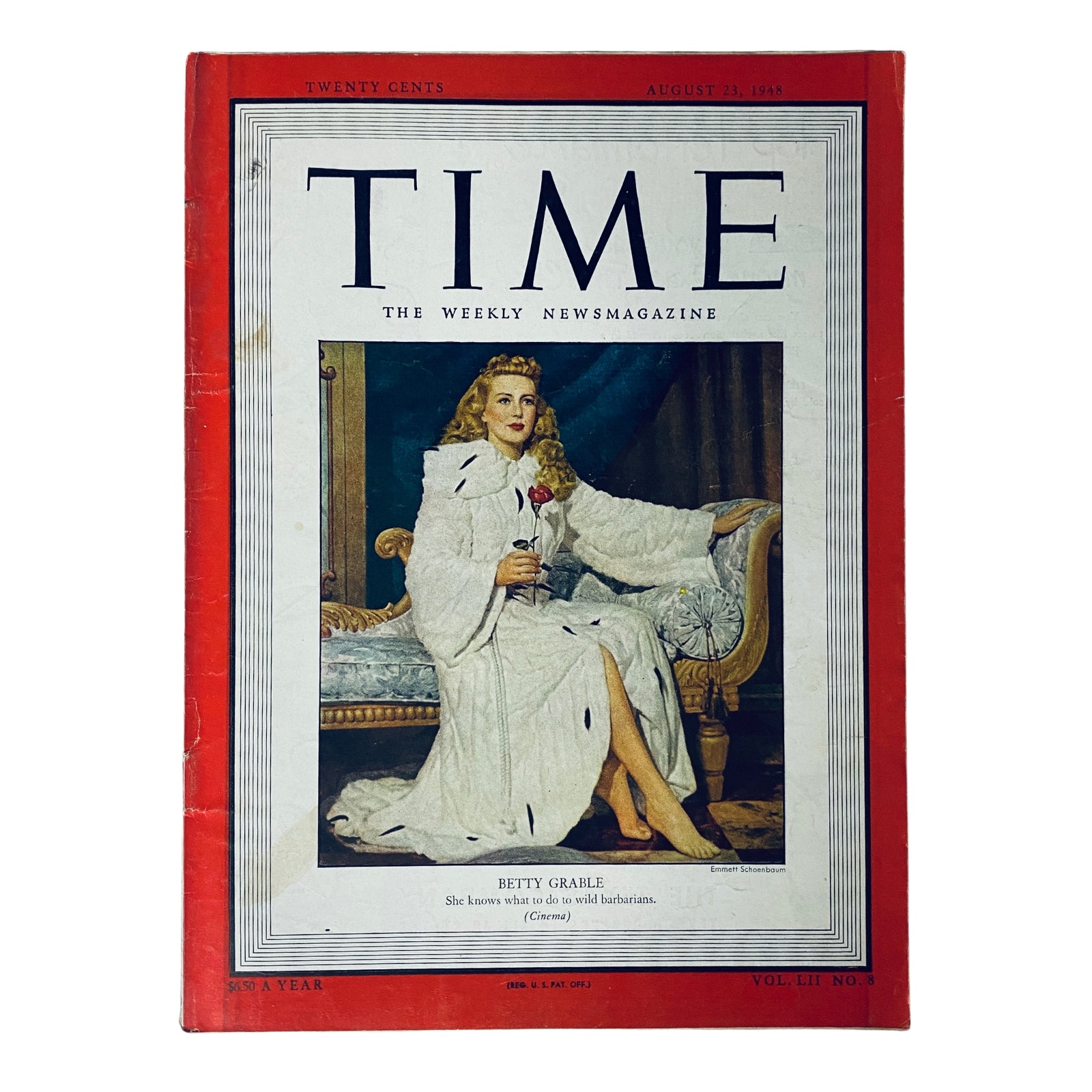 Time Magazine August 23, 1948, Vol 52 No. 8 featuring Betty Grable on the cover, known for her iconic status as a glamorous actress and pin-up star from the 1940s.
