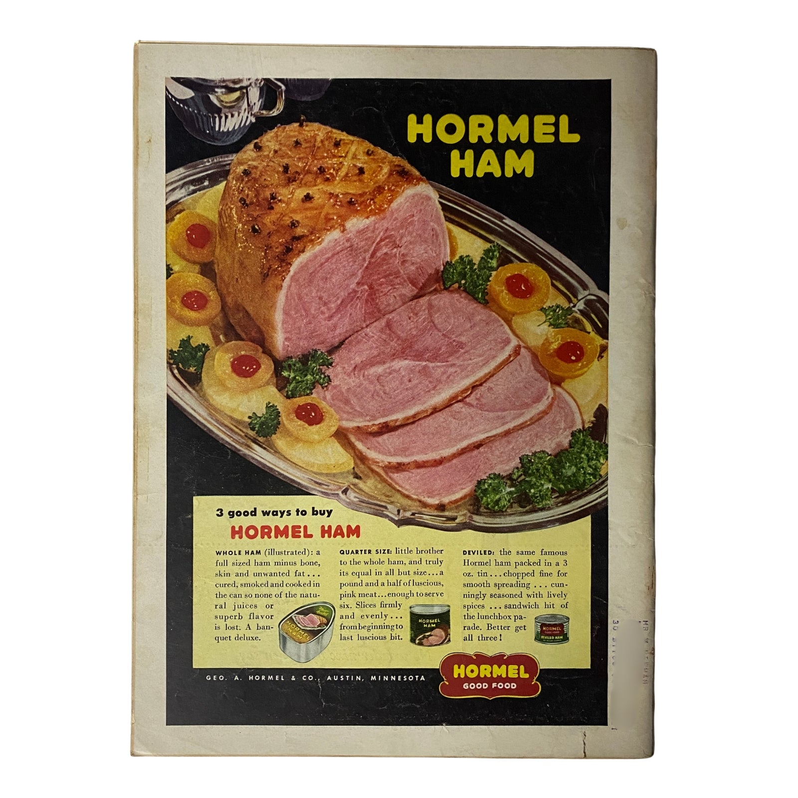 Back cover of Time Magazine August 23, 1948, showcasing an advertisement for Hormel Ham, featuring a delectable ham served with garnishes, emphasizing food culture in the mid-20th century.