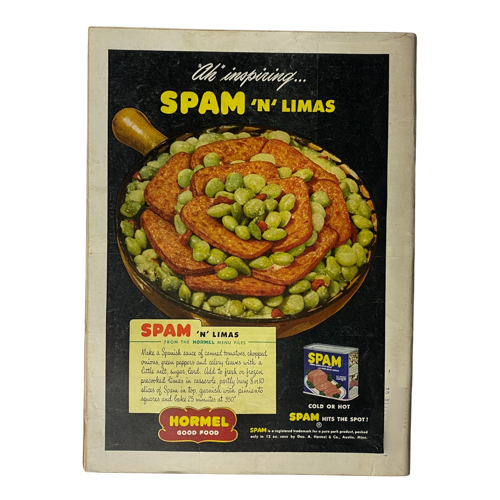 Vintage advertisement for 'Spam 'n' Limas' recipe from Hormel, showcasing a dish made with Spam and lima beans in a colorful presentation.