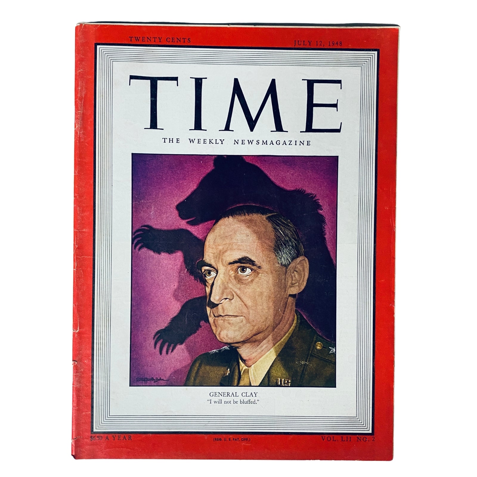 Cover of Time Magazine dated July 12, 1948, featuring General Lucius D. Clay with the caption 'I will not be bluffed'. The magazine highlights Clay's role in post-World War II Europe.
