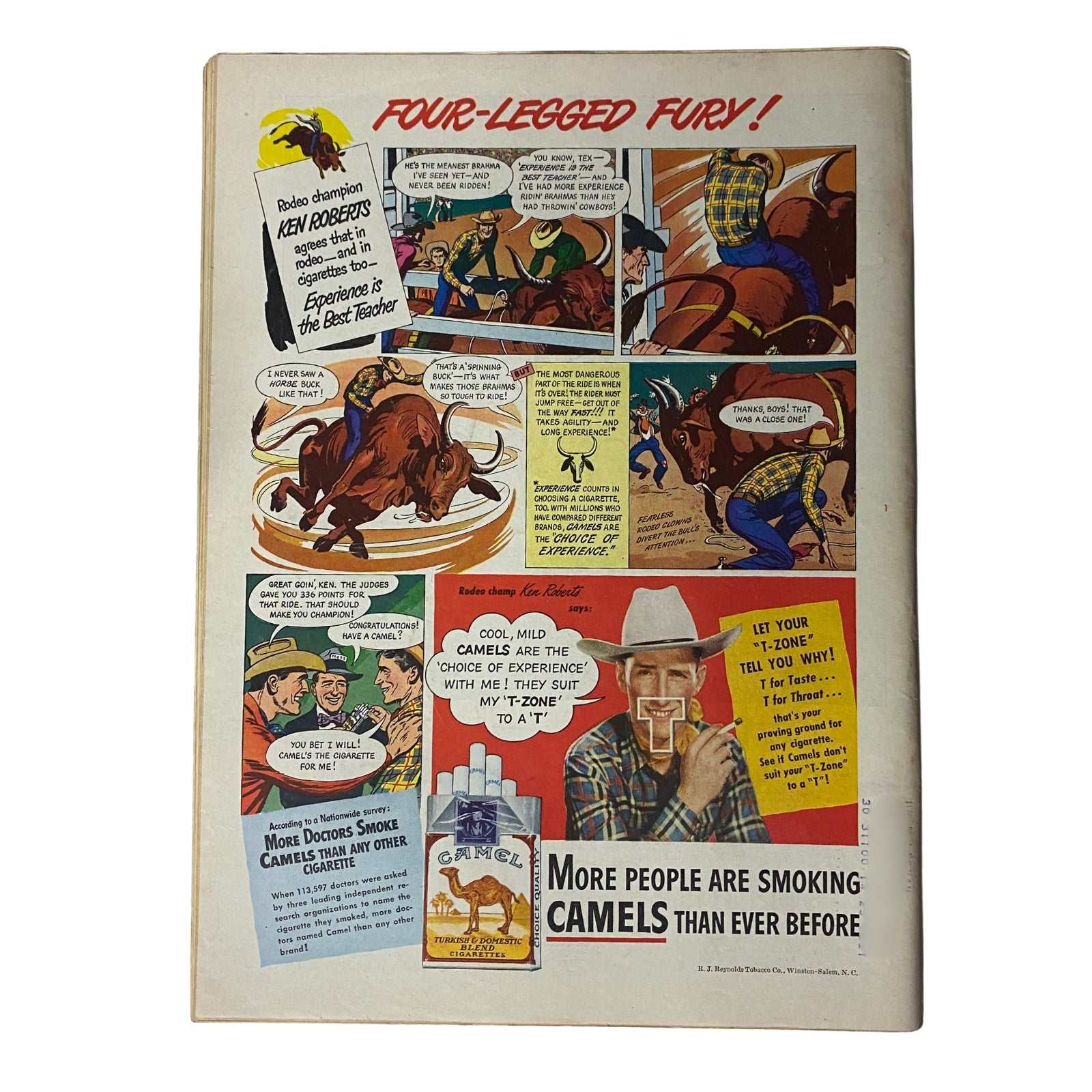 Vintage advertisement featured in Time Magazine June 21, 1948, Vol 51 No 25, promoting Camel cigarettes with a rodeo theme, showcasing cowboys and bull riding, emphasizing the slogan 'More people are smoking Camels than ever before'.