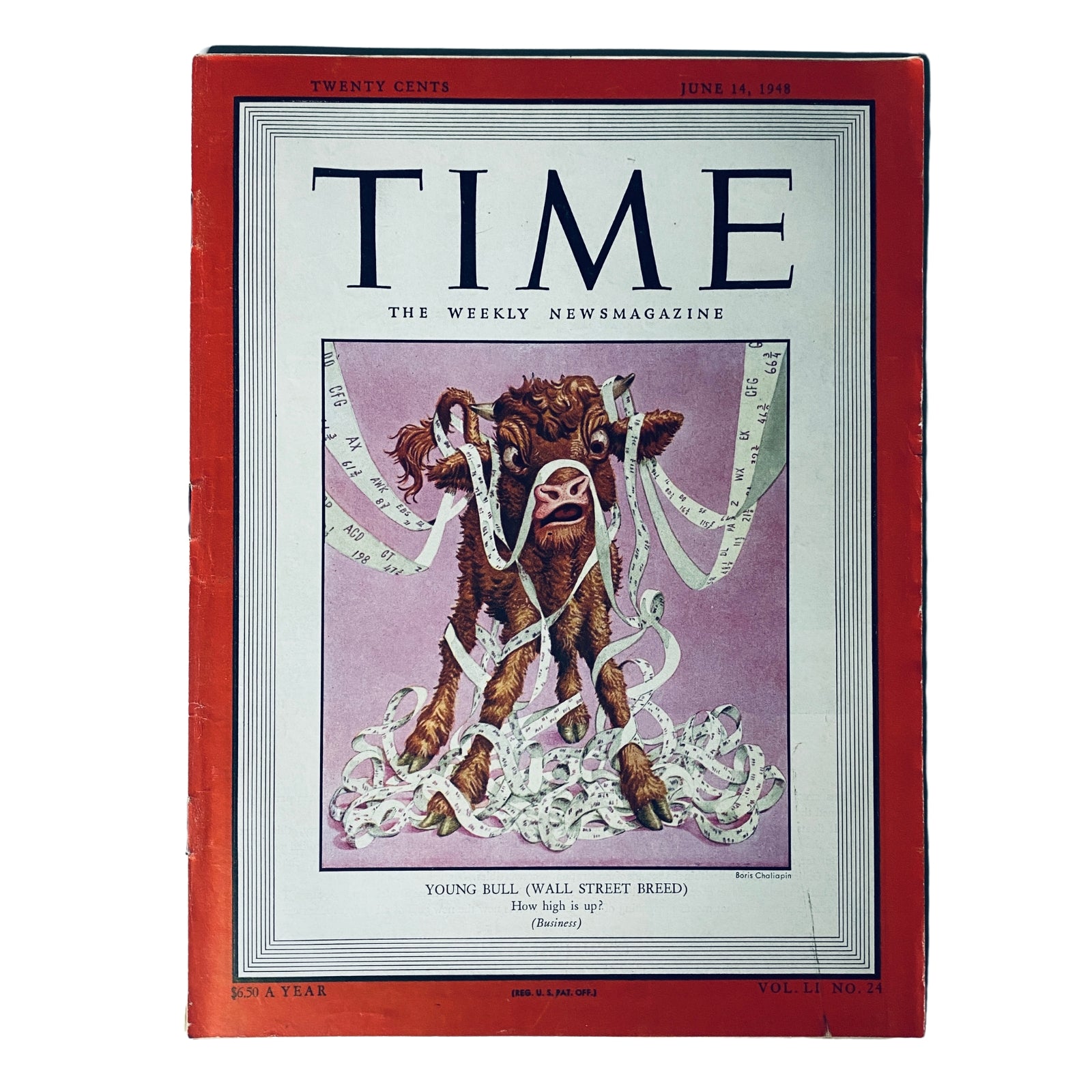 Cover of Time Magazine from June 14, 1948, Vol 51 No 24, featuring a Wall Street Bull as the symbol of financial optimism, showcasing the postwar economic boom.